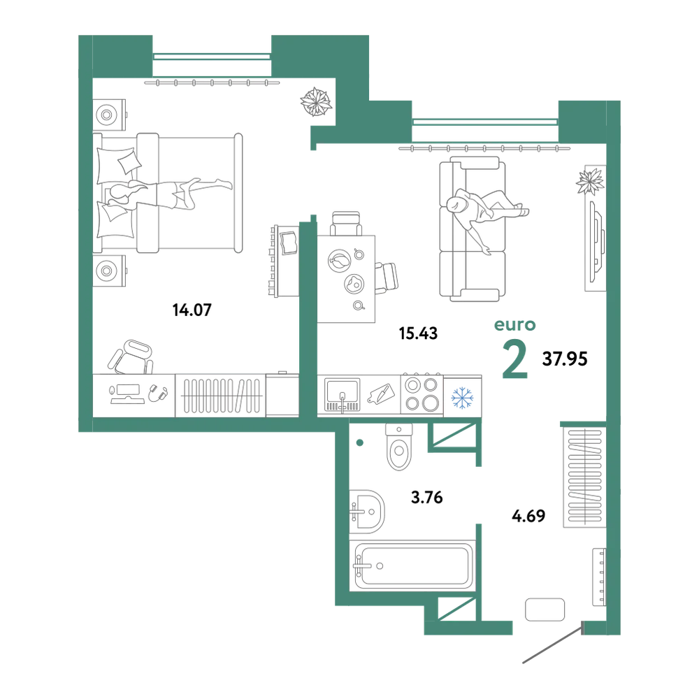 Планировка: Евродвушка 37,95 м²