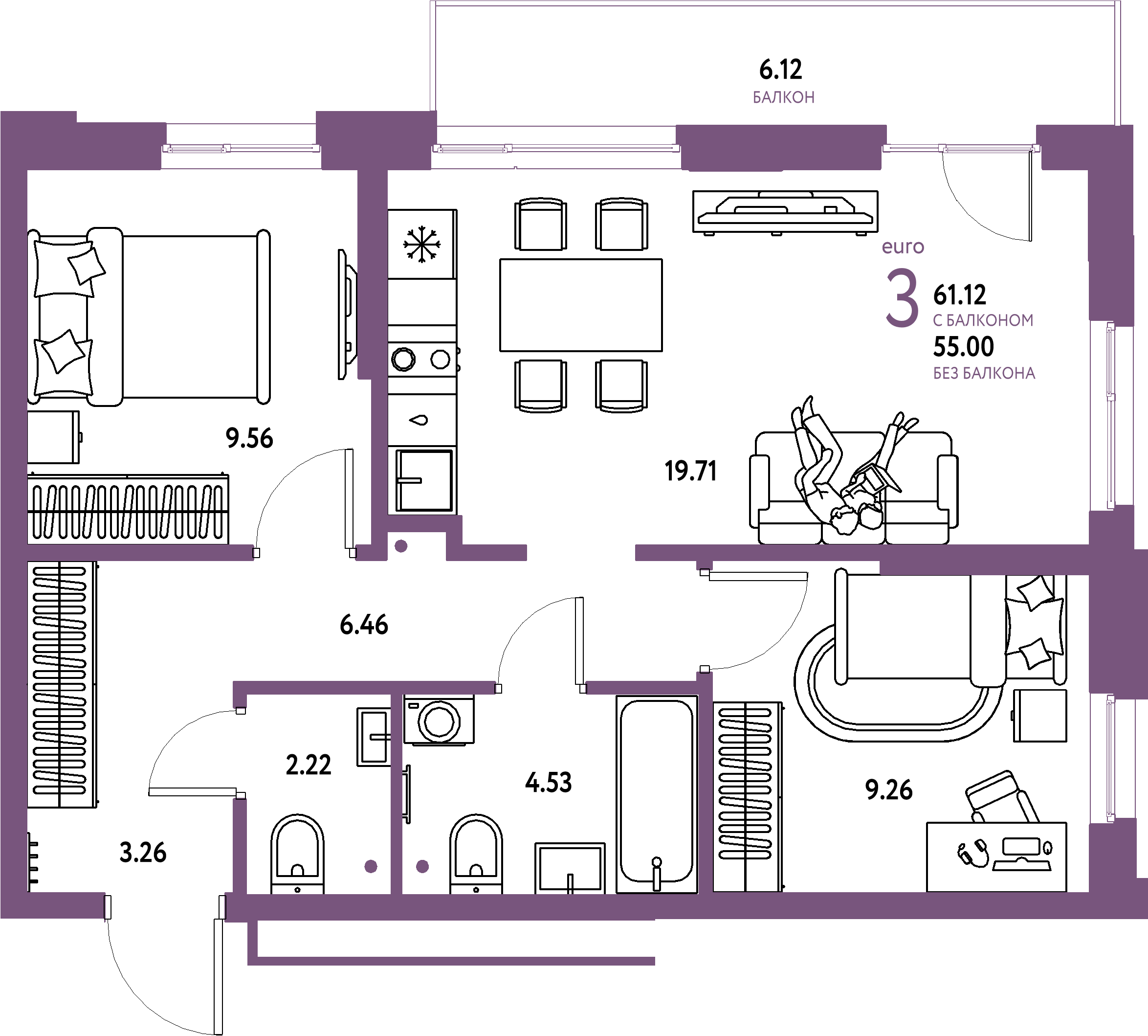 Планировка: Евротрёшка 61,12 м² в ЖК «Домашний»