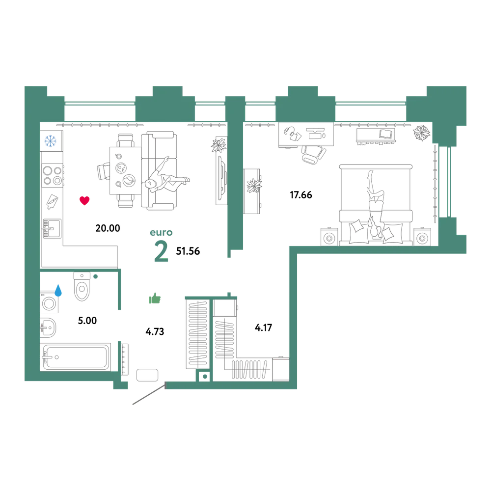 Планировка: Евродвушка 53 м²