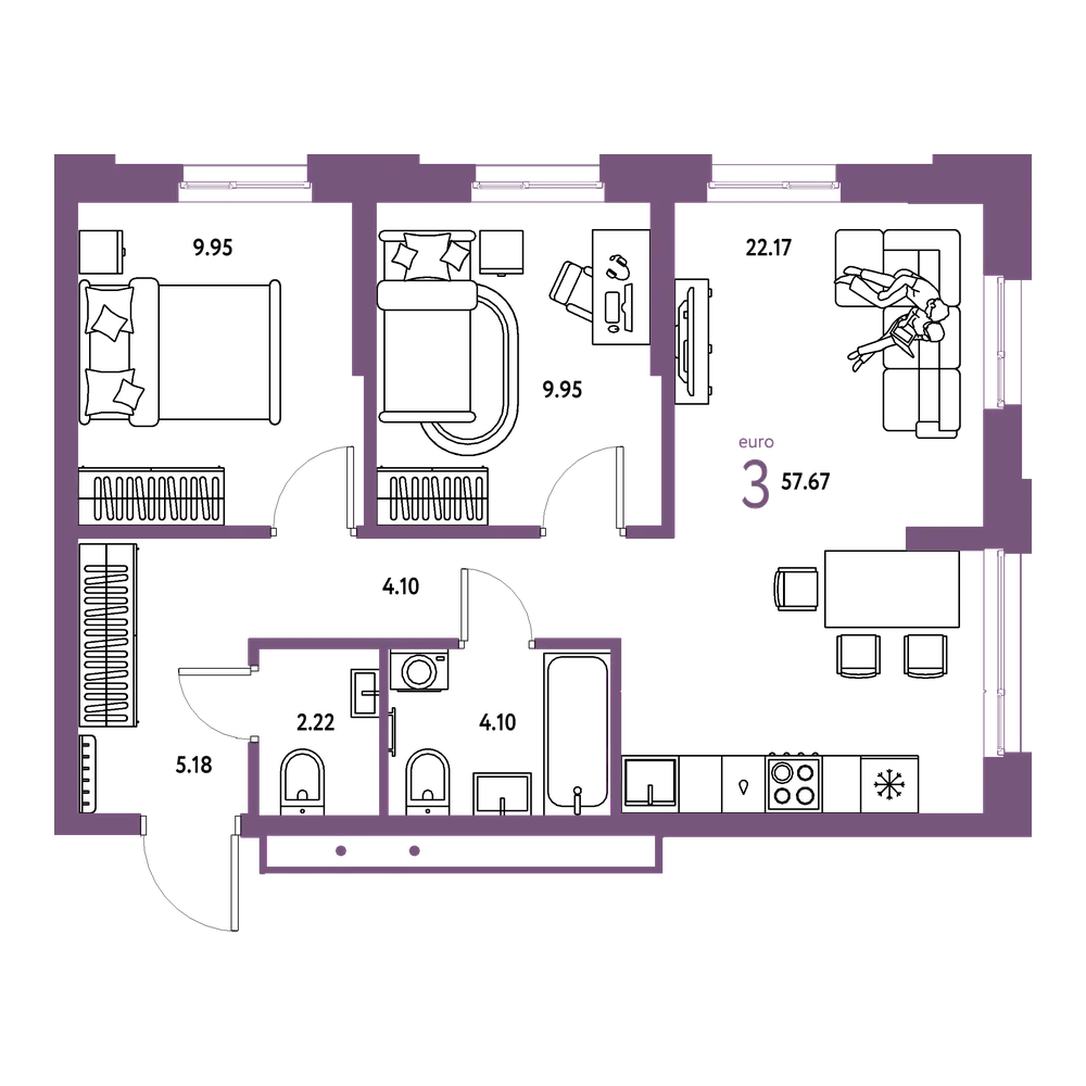 Планировка: Евротрёшка 57,67 м²