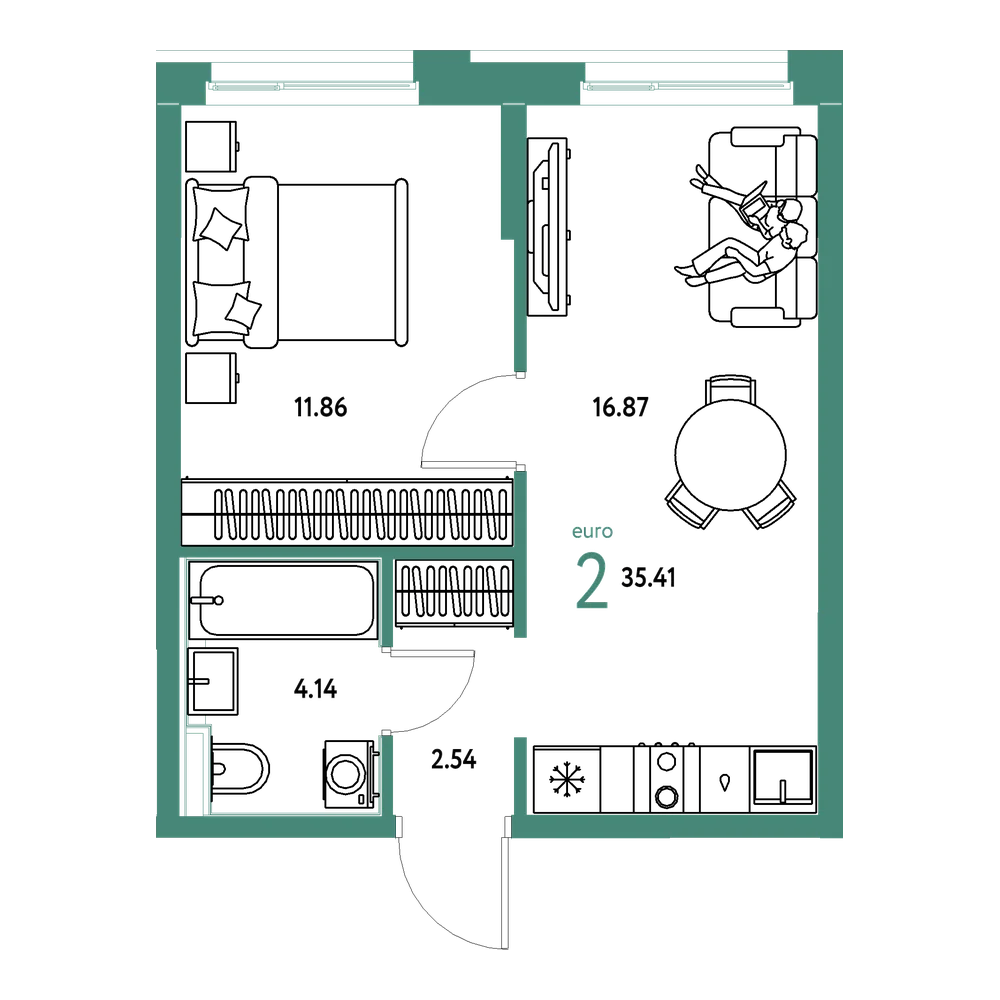 Планировка: Евродвушка 35,41 м²