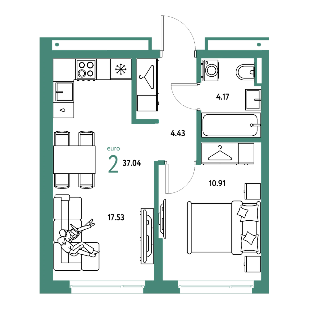 Планировка: Евродвушка 37,04 м²