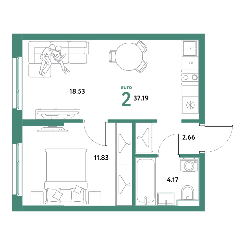 Планировка: Евродвушка 37,19 м²