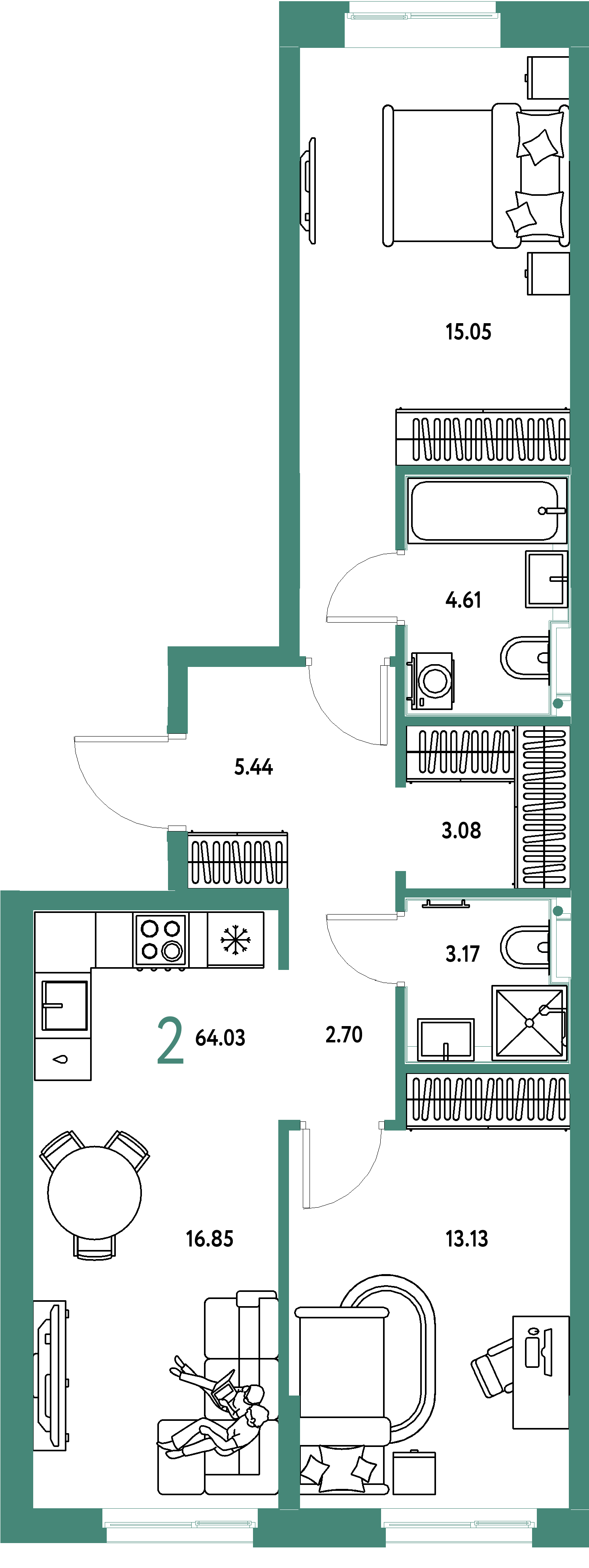 Планировка: 2-комнатная 64,03 м² в ЖК «Домашний»
