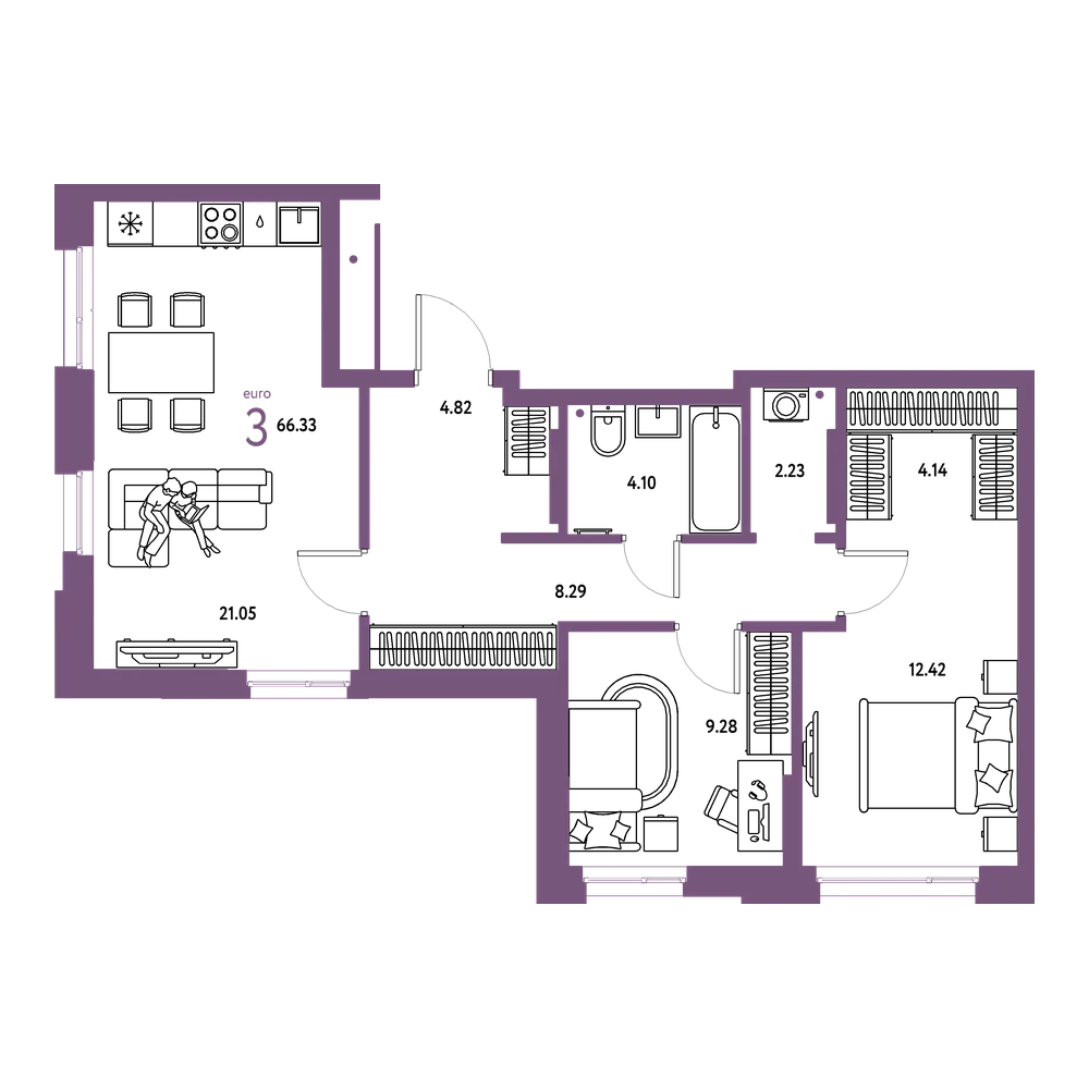 Планировка: Евротрёшка 66,33 м²