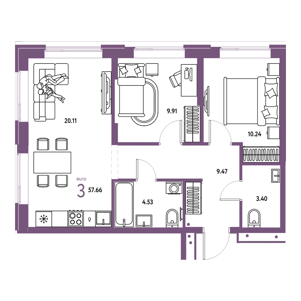 Планировка: Евротрёшка 57,66 м²