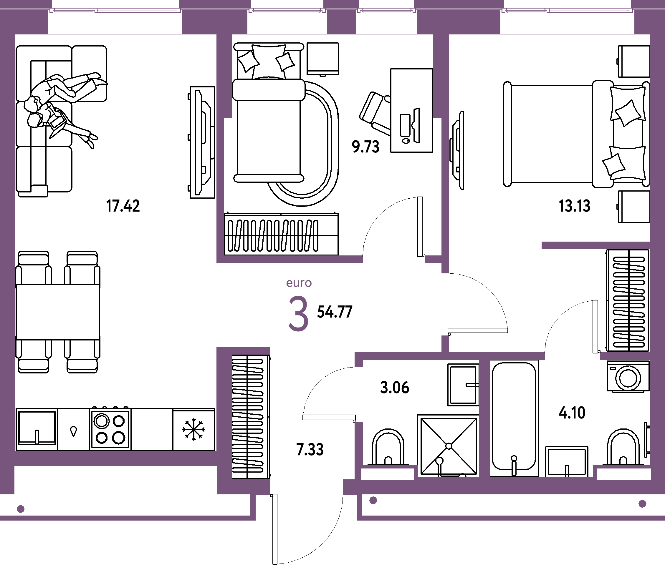 Планировка: Евротрёшка 54,77 м² в ЖК «Домашний»