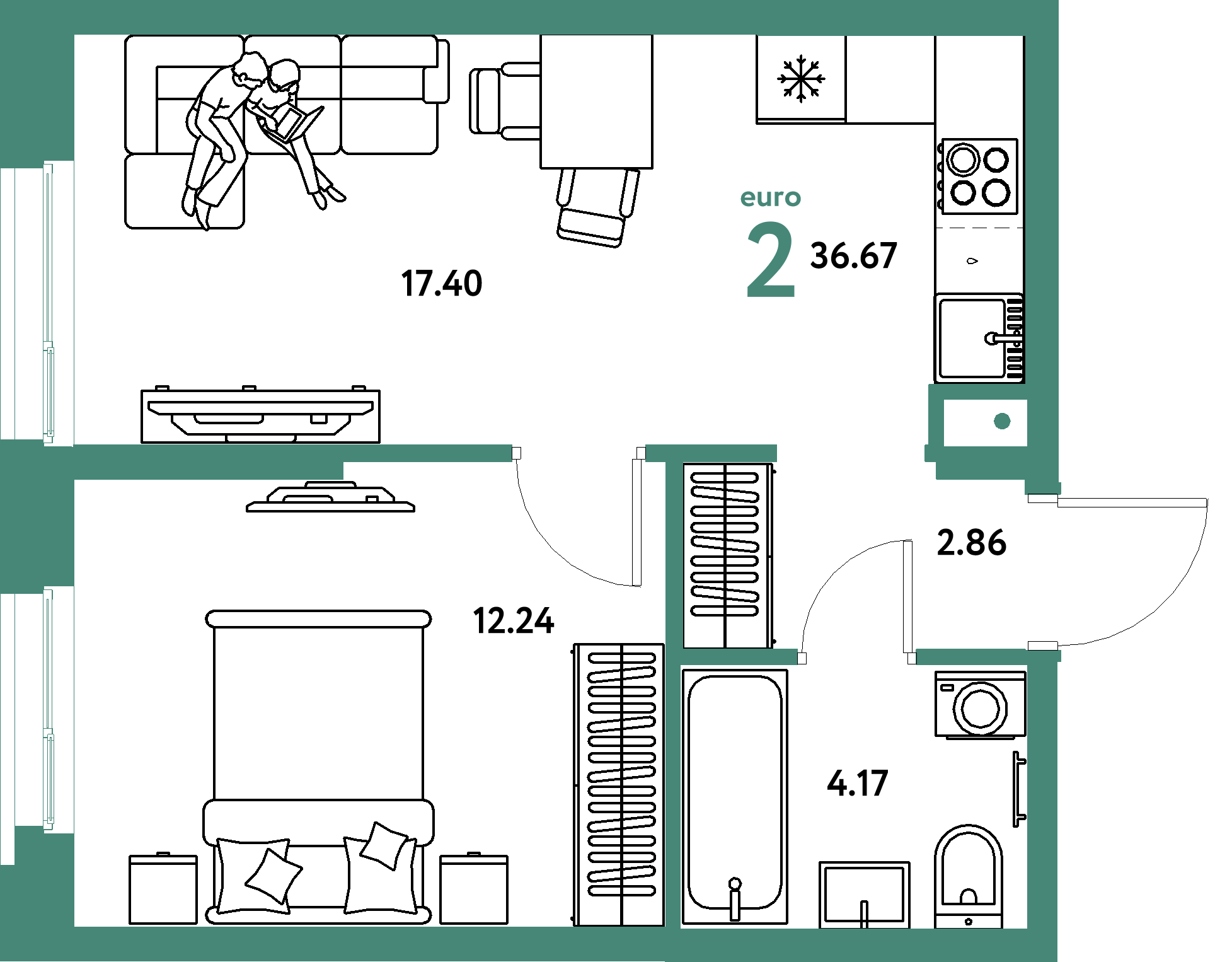 Планировка: Евродвушка 36,67 м² в ЖК «Европейский берег 2.0»