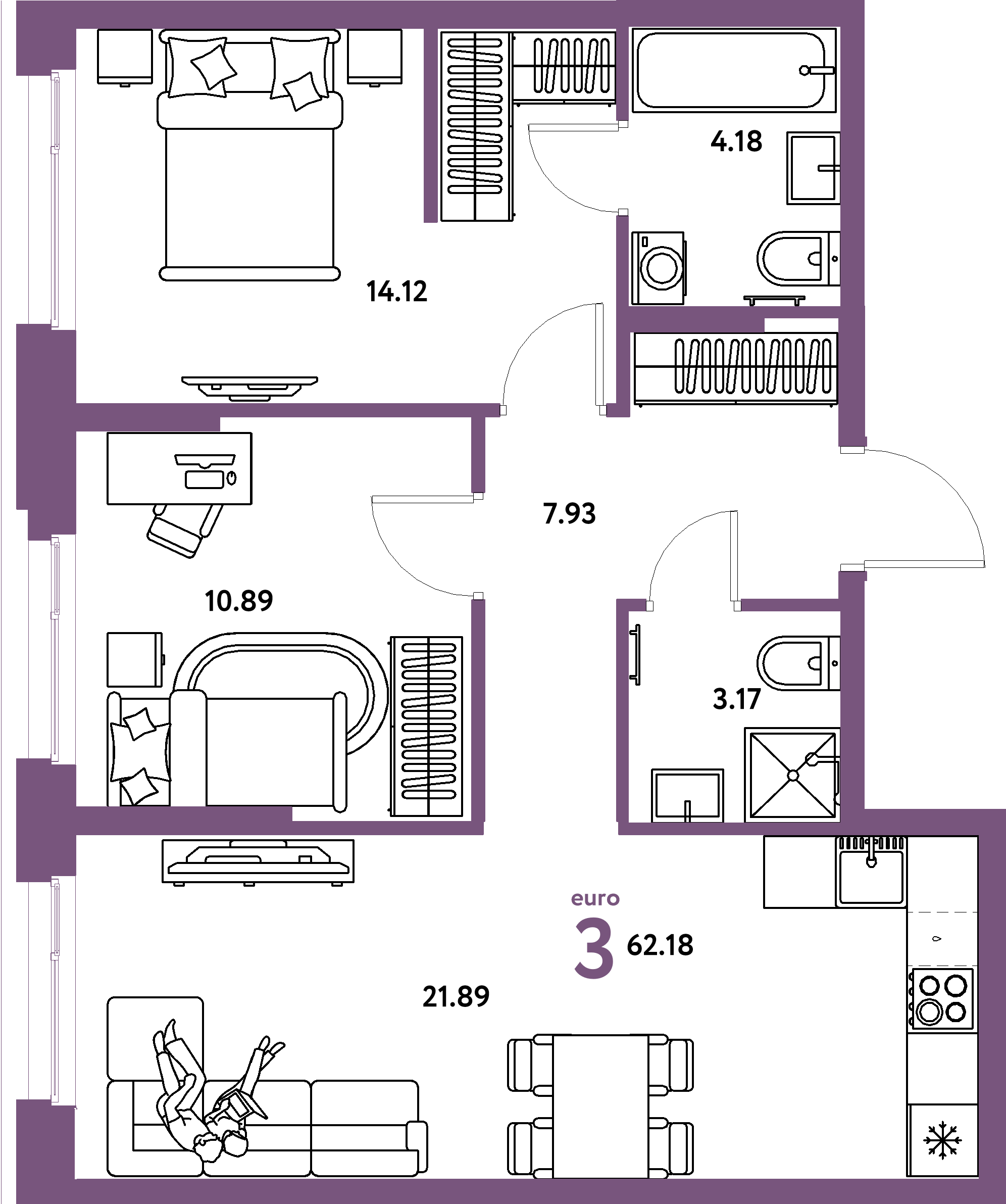 Планировка: Евротрёшка 62,18 м² в ЖК «Европейский берег 2.0»