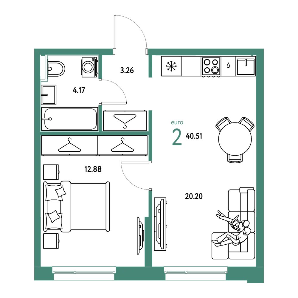 Планировка: Евродвушка 40,51 м²