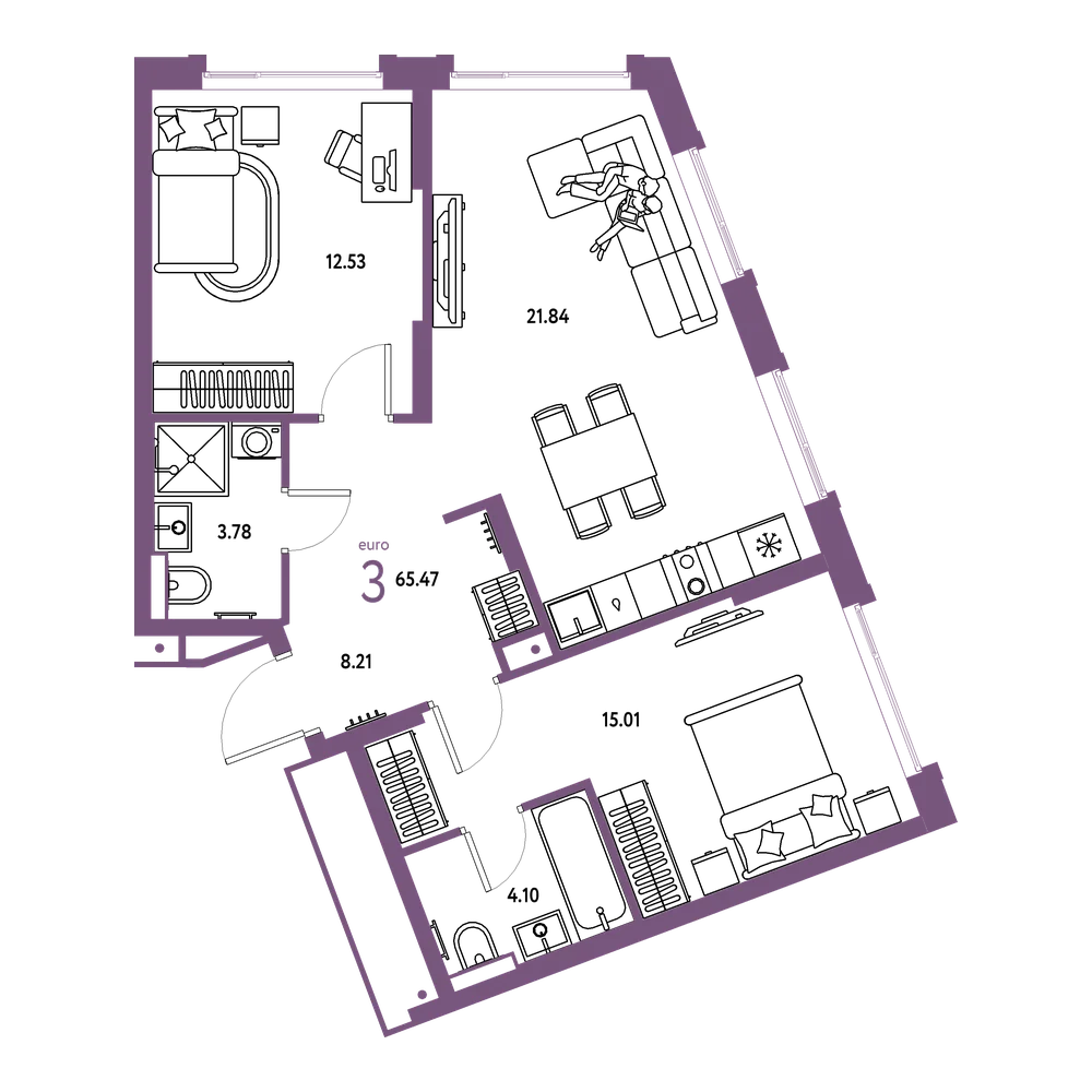 Планировка: Евротрёшка 65,47 м²