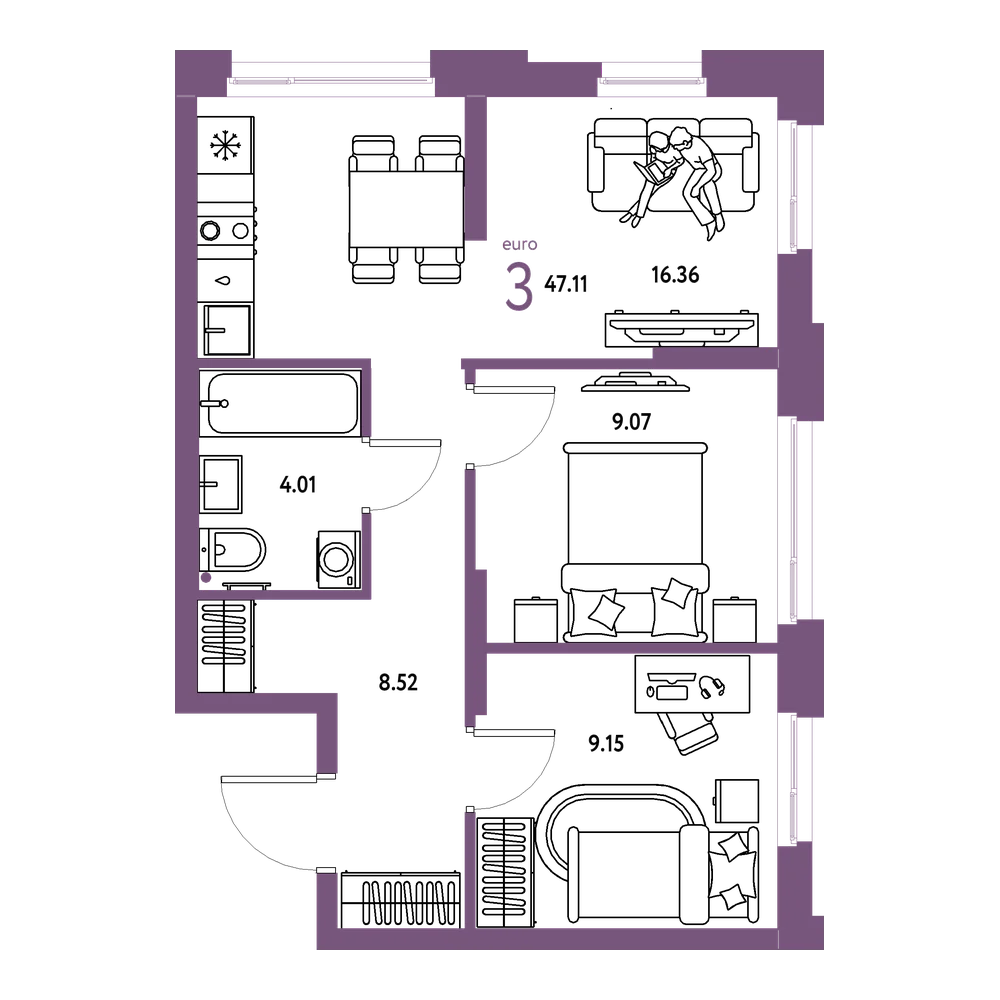 Планировка: Евротрёшка 47,11 м²
