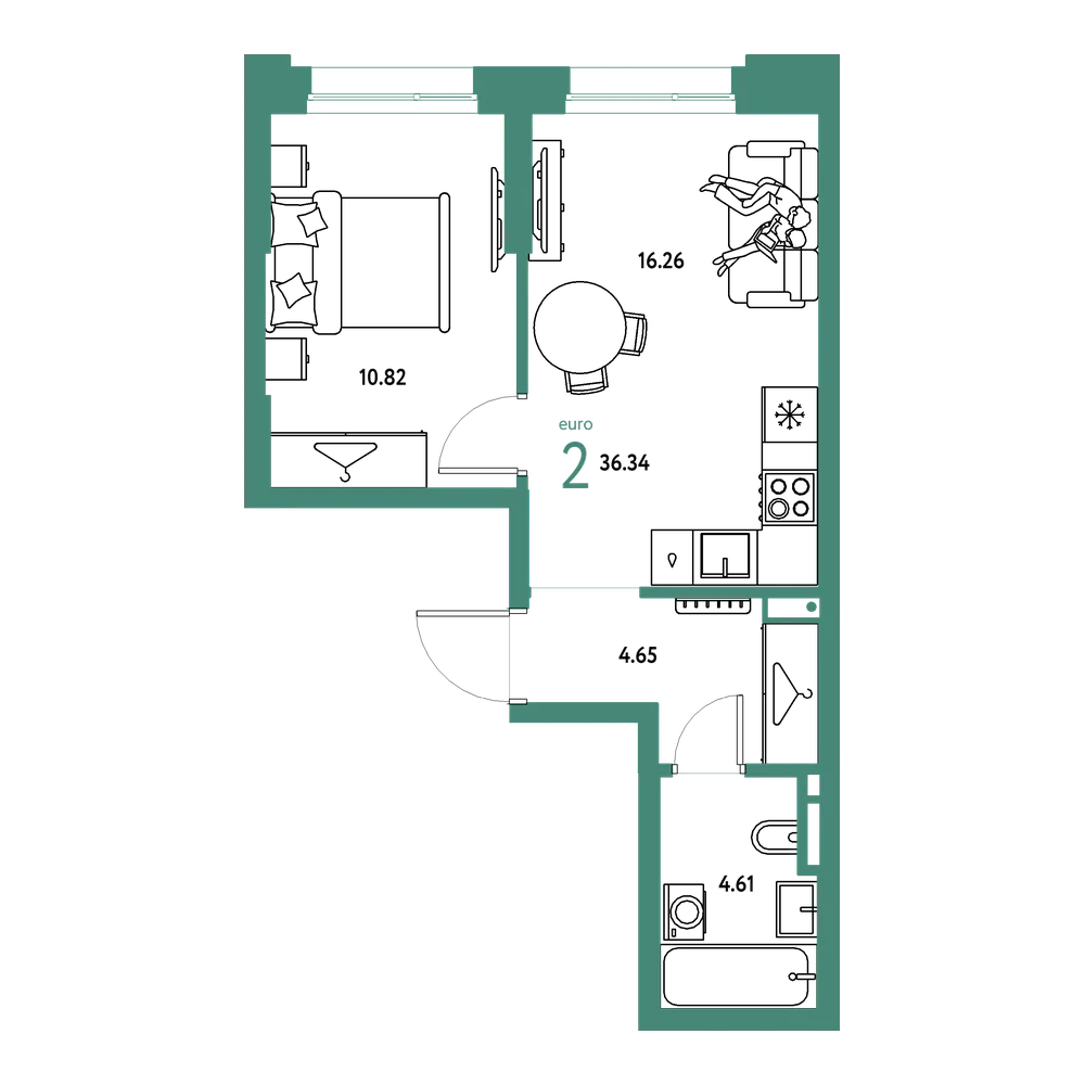 Планировка: Евродвушка 36,34 м²