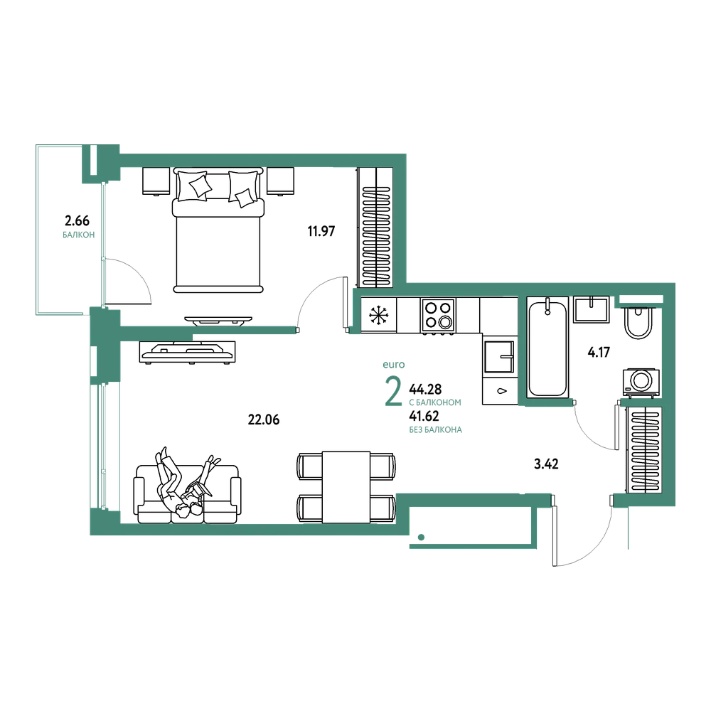 Планировка: Евродвушка 44,28 м²