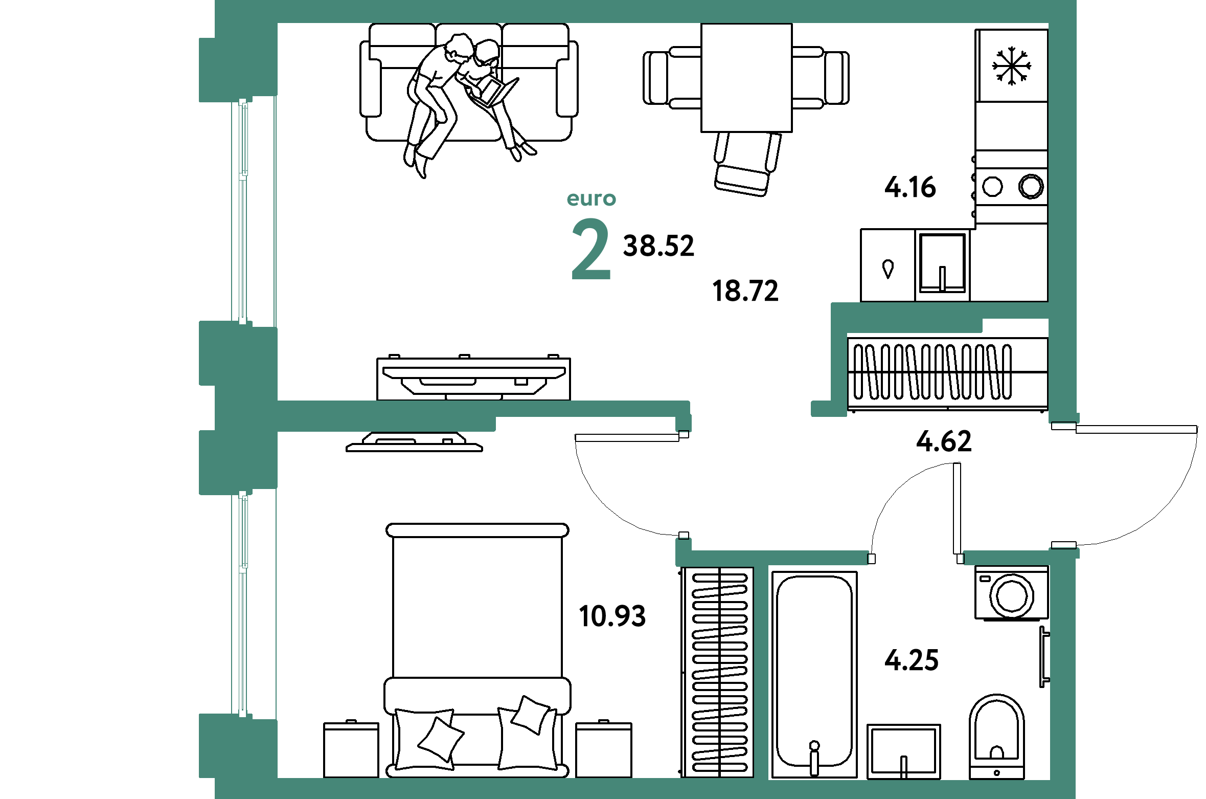 Планировка: Евродвушка 38,52 м² в ЖК «Европейский берег 2.0»