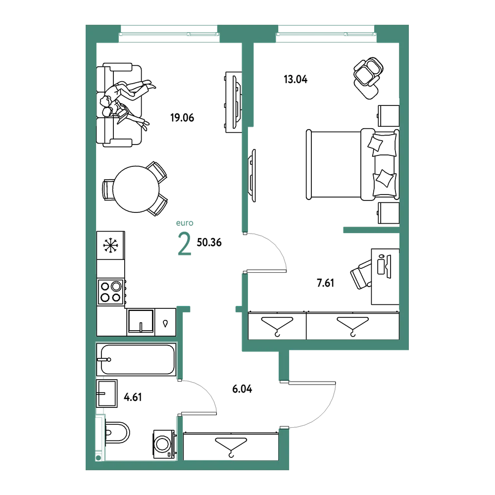 Планировка: Евродвушка 50,36 м²