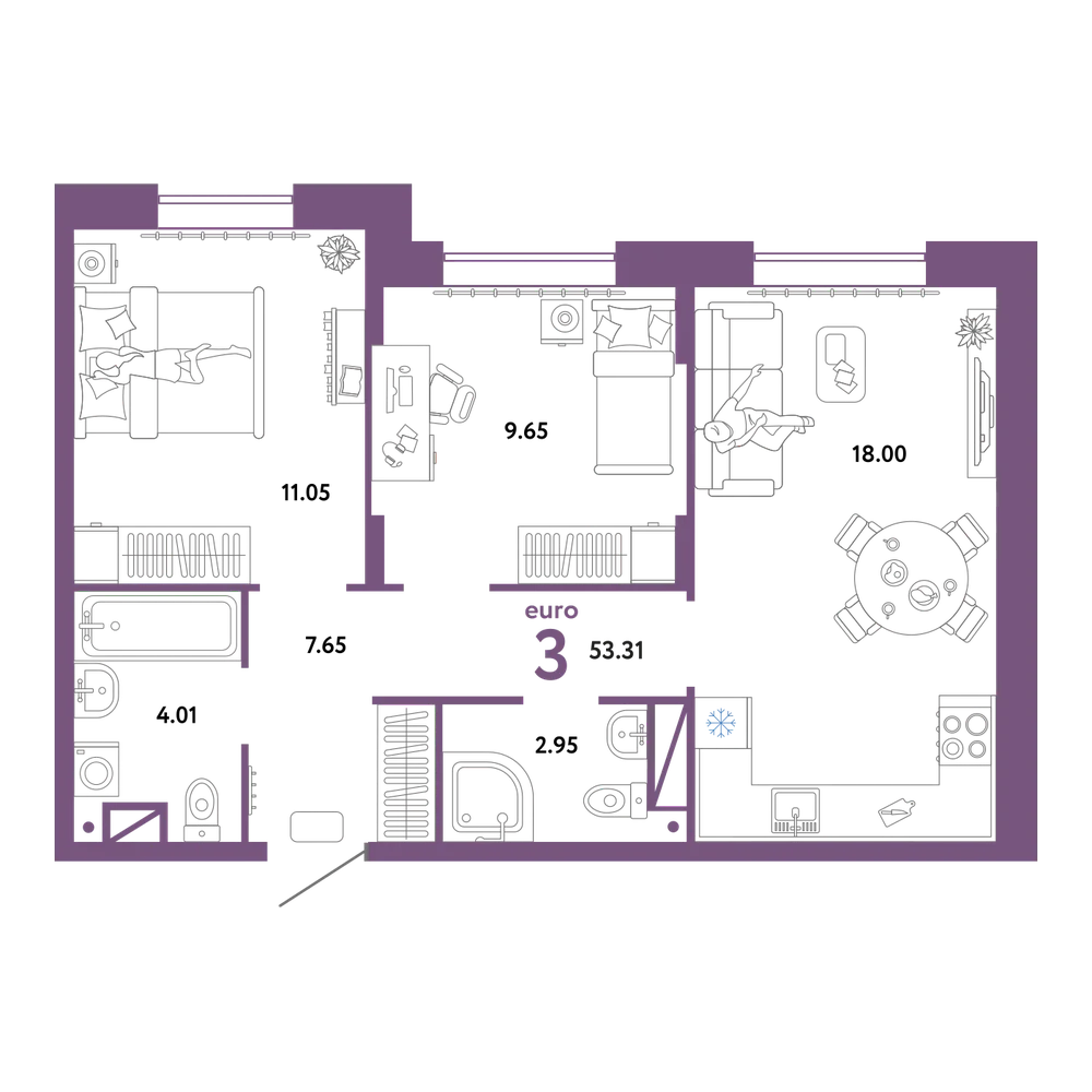 Планировка: Евротрёшка 53,31 м²