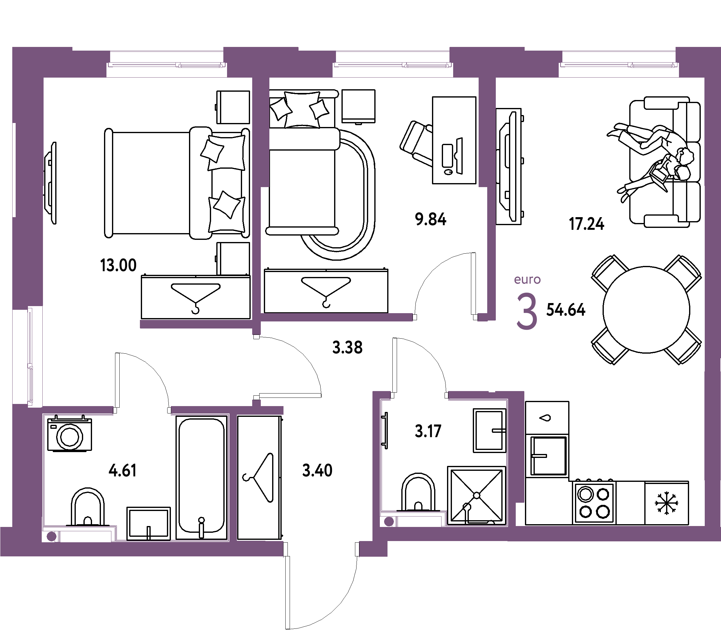 Планировка: Евротрёшка 54,64 м² в ЖК «Европейский берег 2.0»