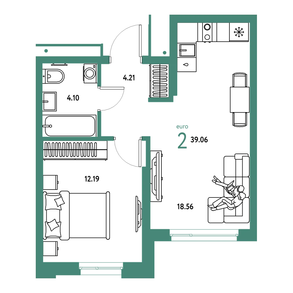 Планировка: Евродвушка 39,06 м²