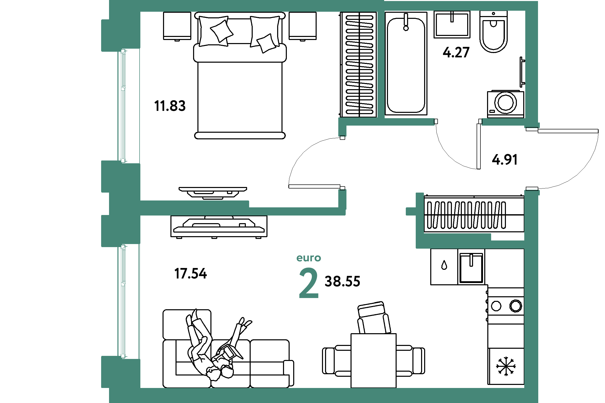 Планировка: Евродвушка 38,55 м² в ЖК «Европейский берег 2.0»