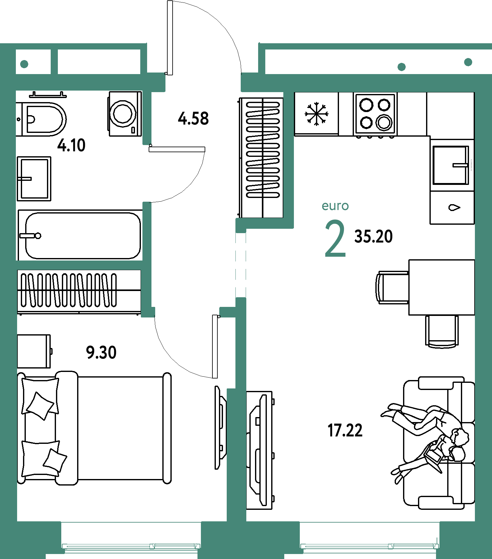 Планировка: Евродвушка 35,2 м² в ЖК «Домашний»