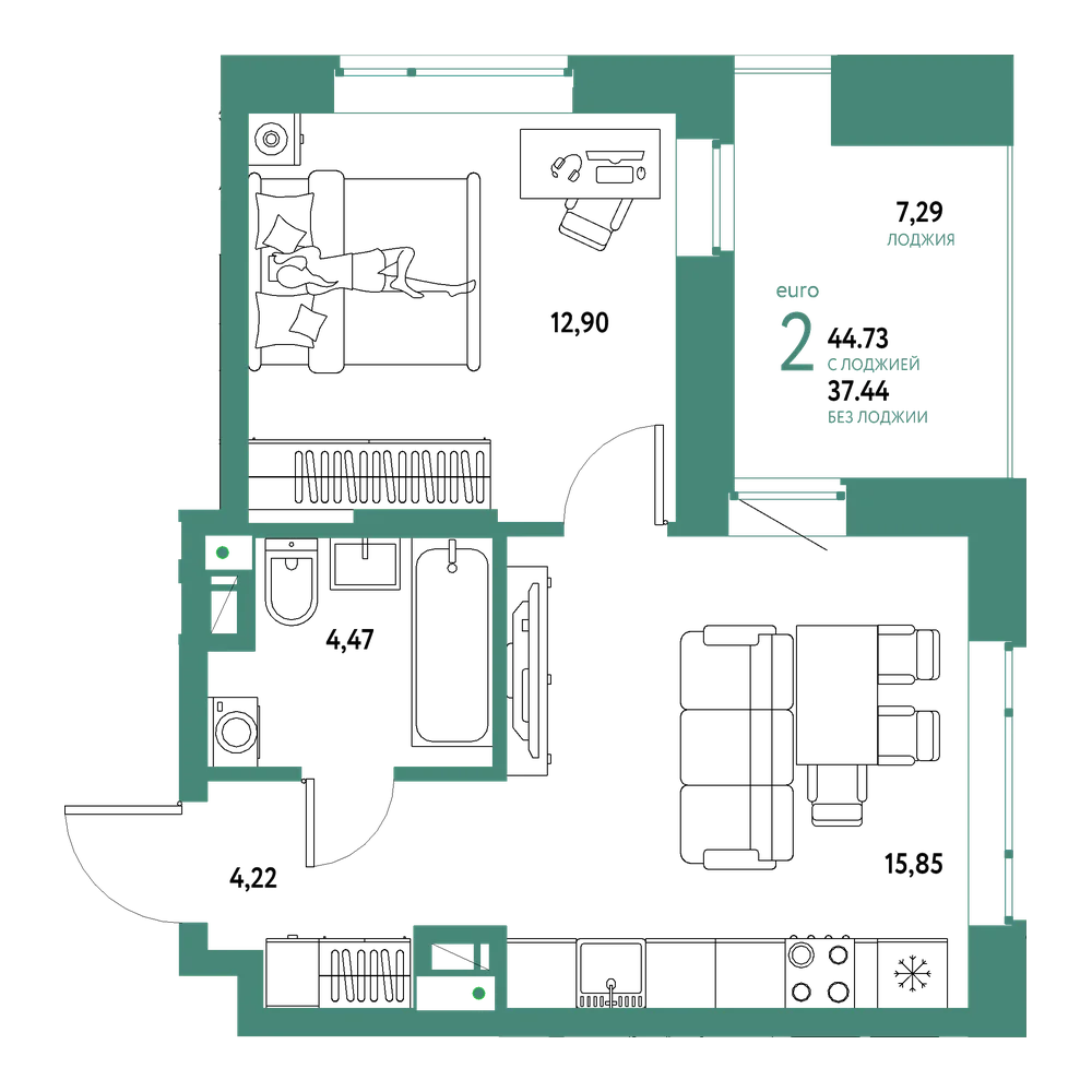 Планировка: Евродвушка 44,73 м²