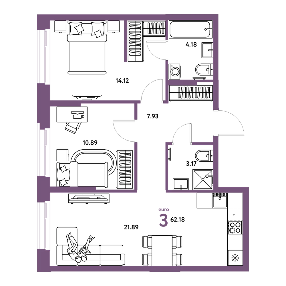 Планировка: Евротрёшка 62,18 м²