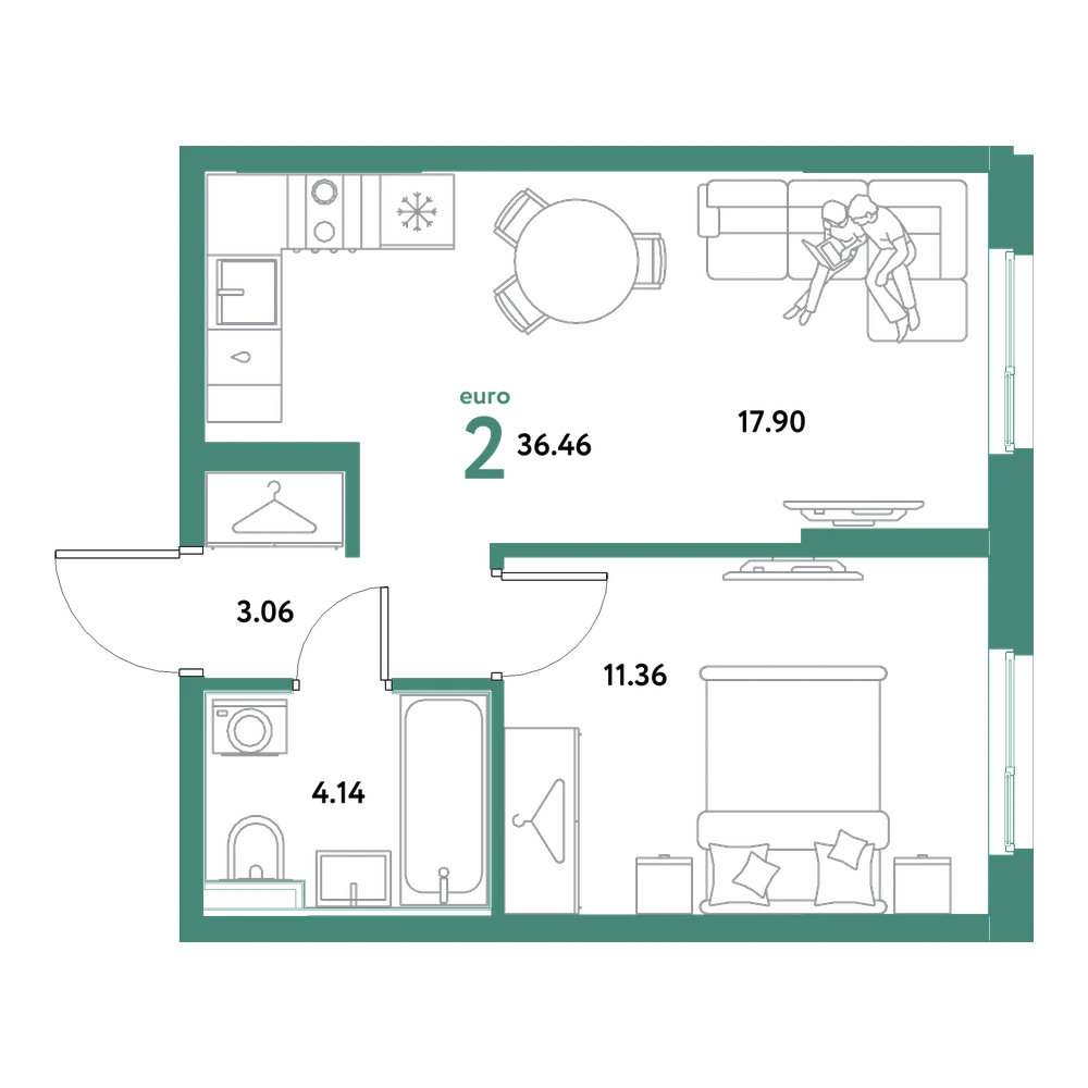 Планировка: Евродвушка 36,46 м²