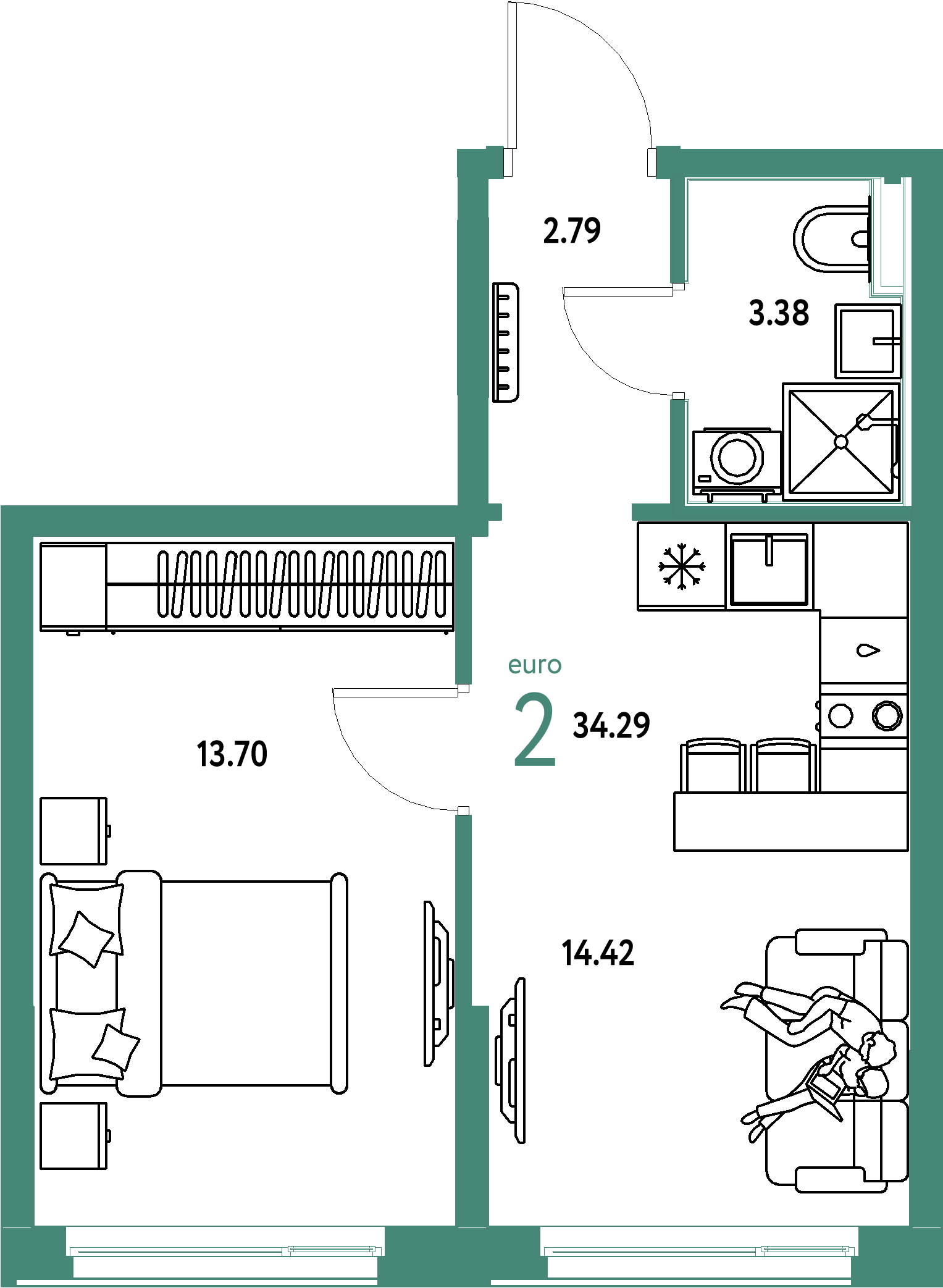 Планировка: Евродвушка 34,29 м² в ЖК «Домашний»
