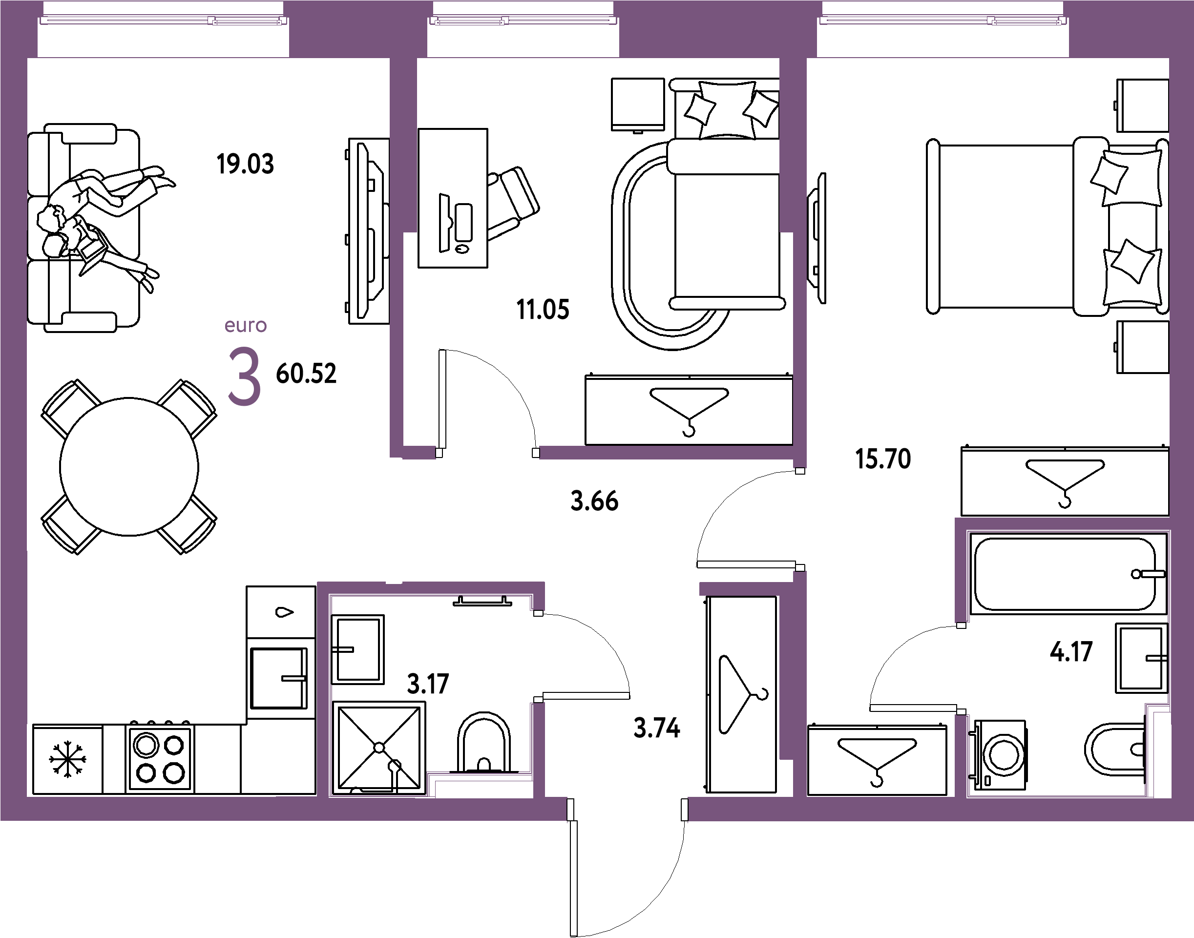 Планировка: Евротрёшка 60,52 м² в ЖК «Европейский берег 2.0»