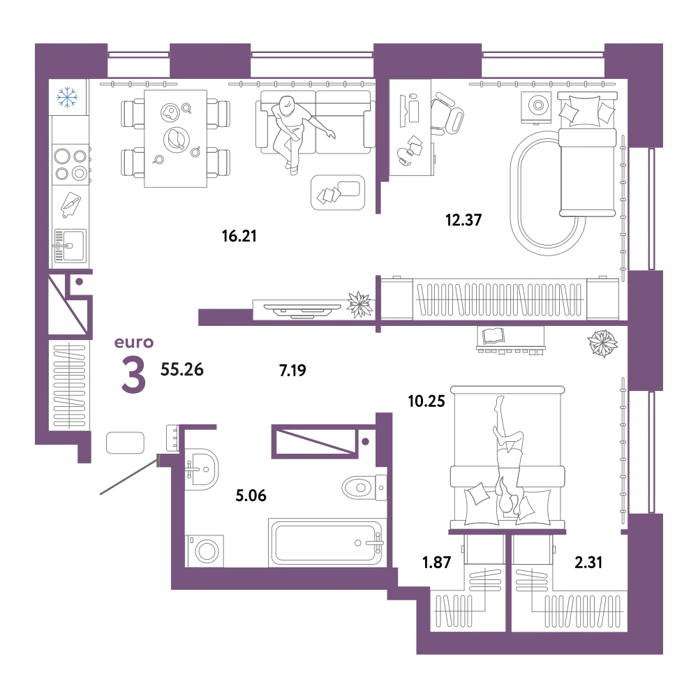 Планировка: Евротрёшка 55,26 м²