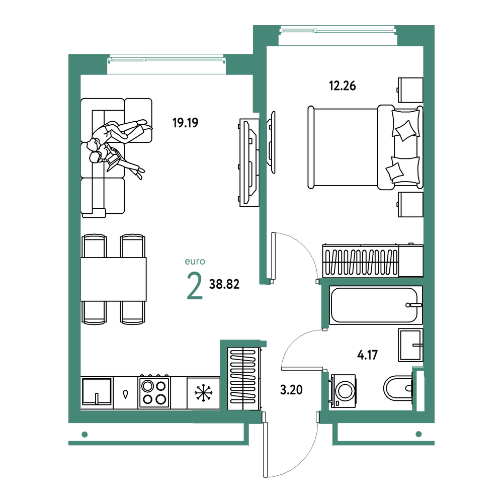 Планировка: Евродвушка 38,82 м²