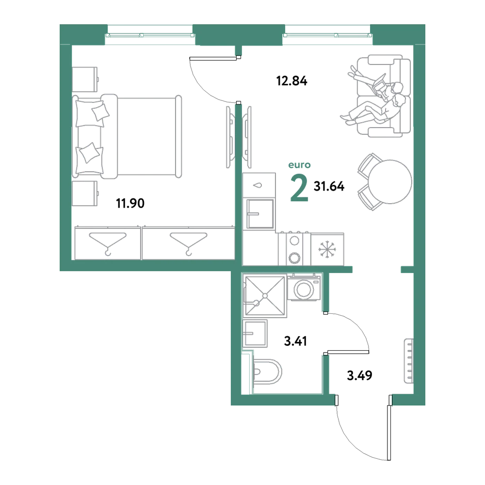 Планировка: Евродвушка 31,64 м²