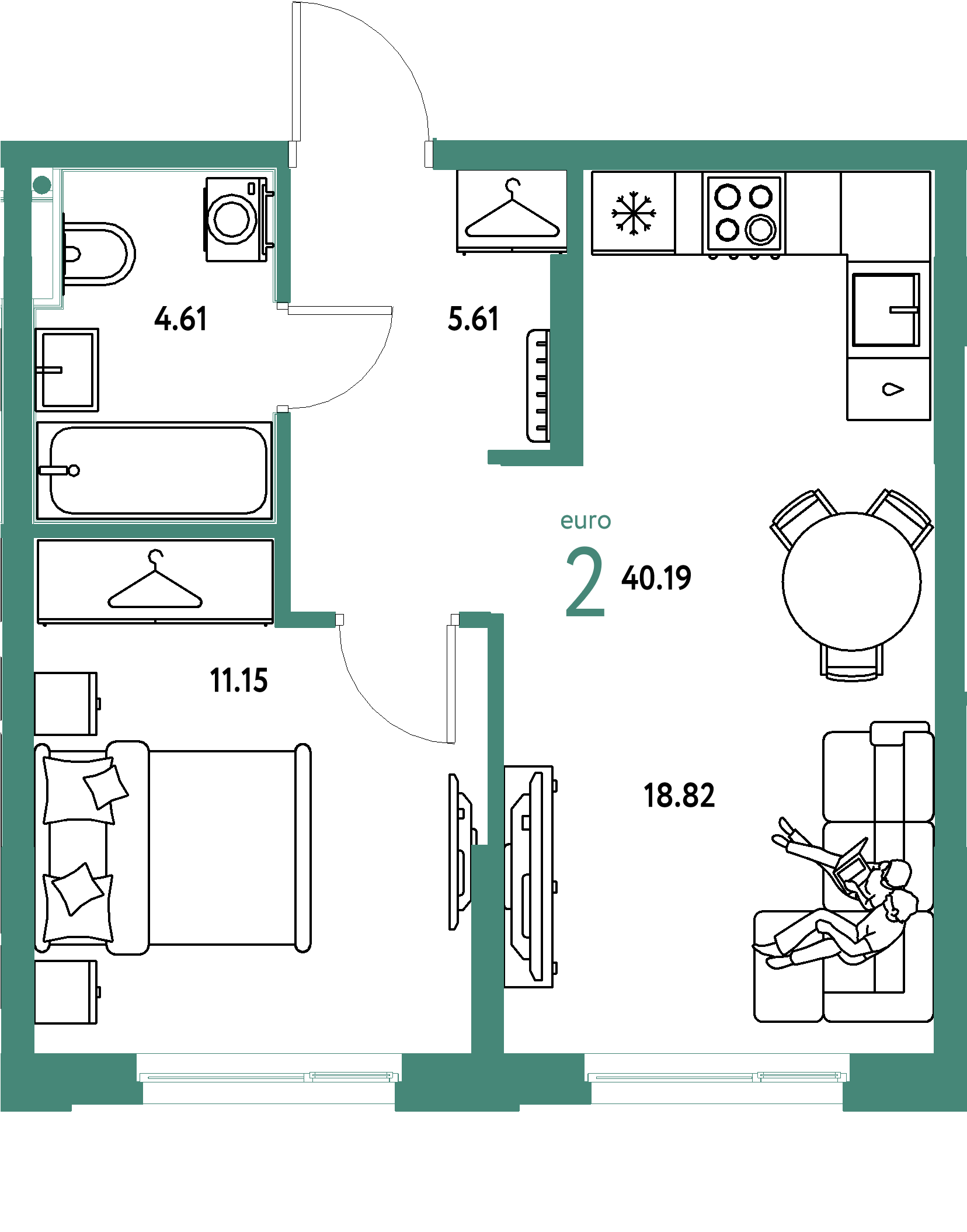 Планировка: Евродвушка 40,19 м² в ЖК «Европейский берег 2.0»