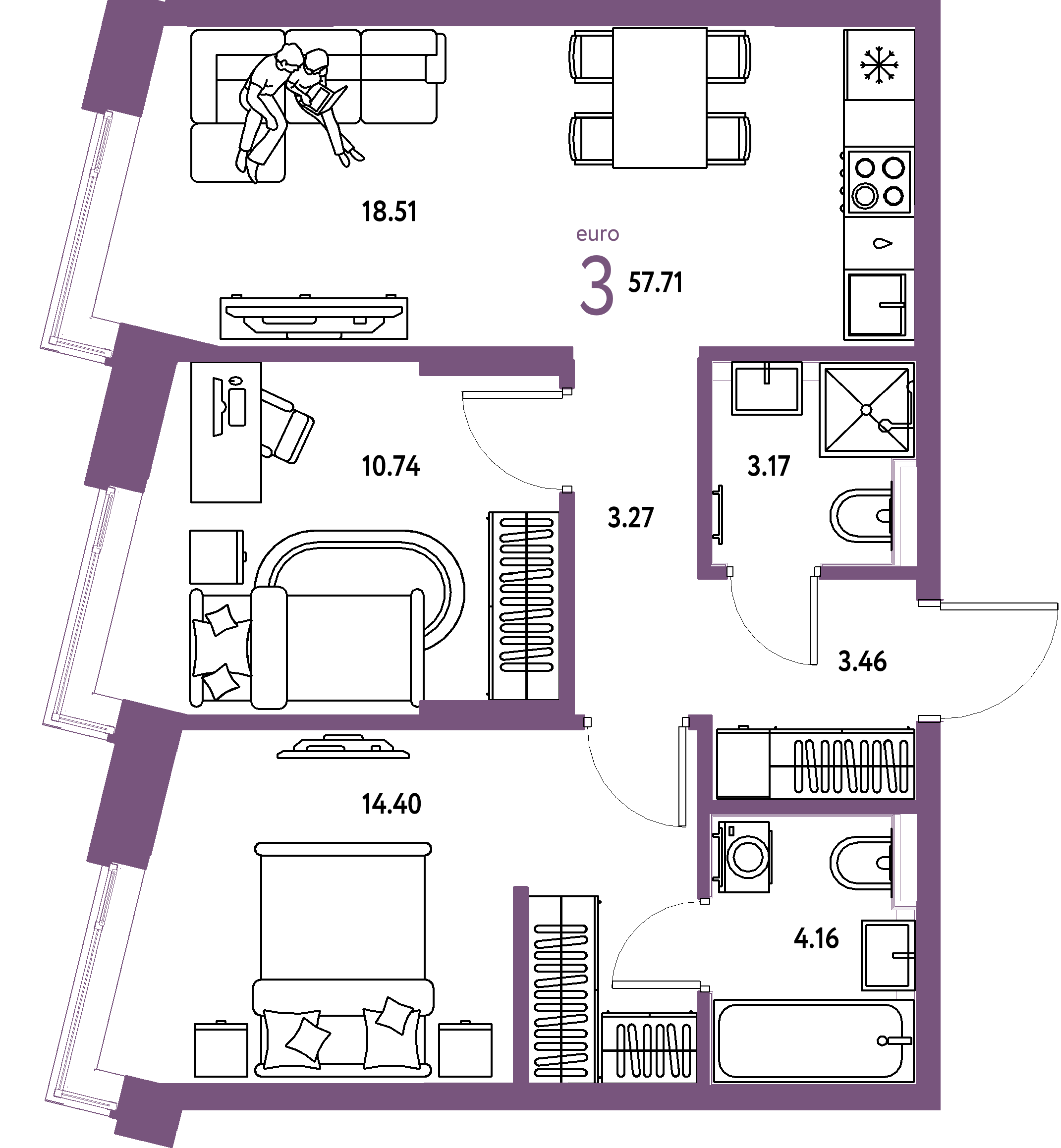 Планировка: Евротрёшка 57,71 м² в ЖК «Остров-сад»
