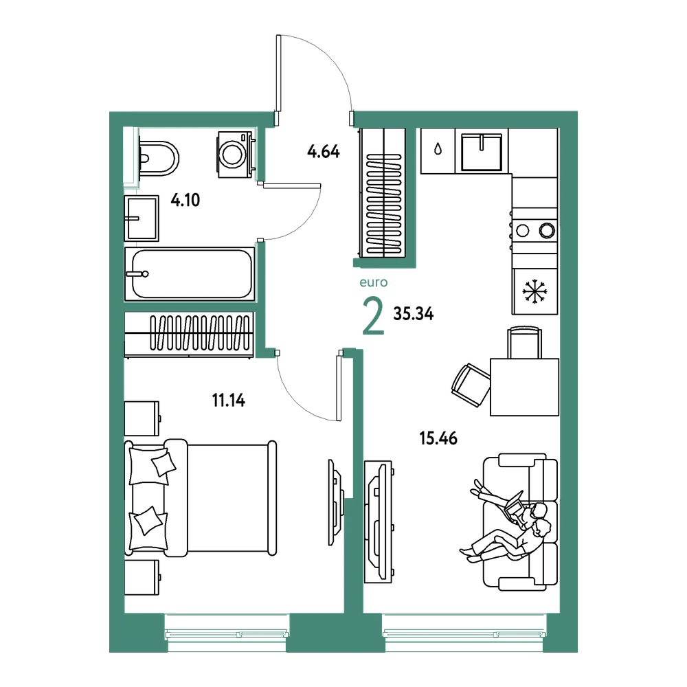 Планировка: Евродвушка 35,41 м²