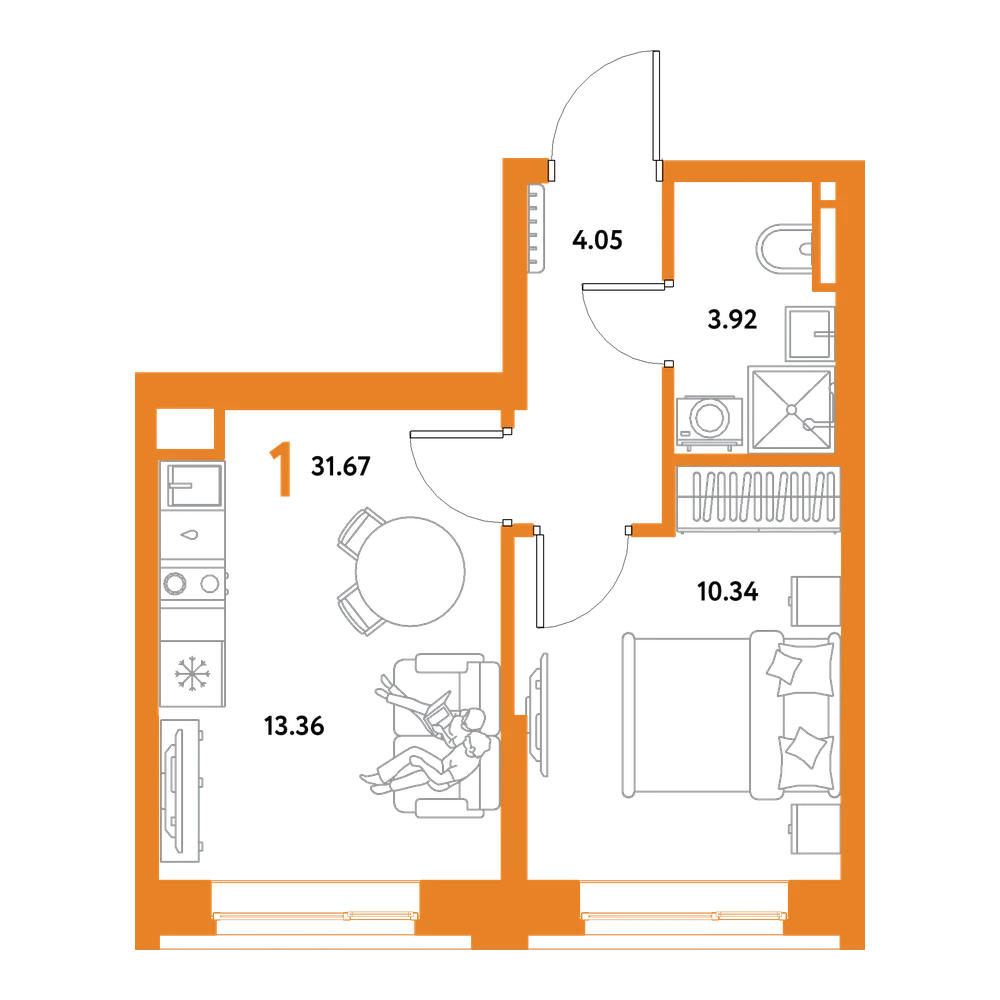 Планировка: 1-комнатная 31,67 м²