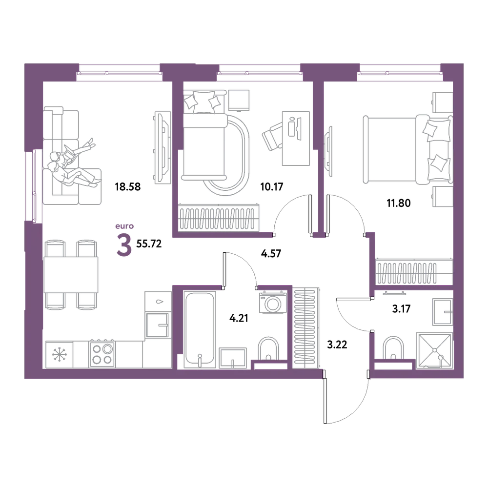 Планировка: Евротрёшка 55,72 м²