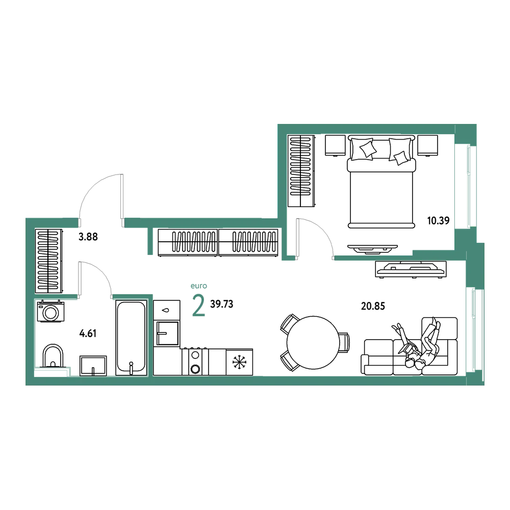 Планировка: Евродвушка 39,73 м²