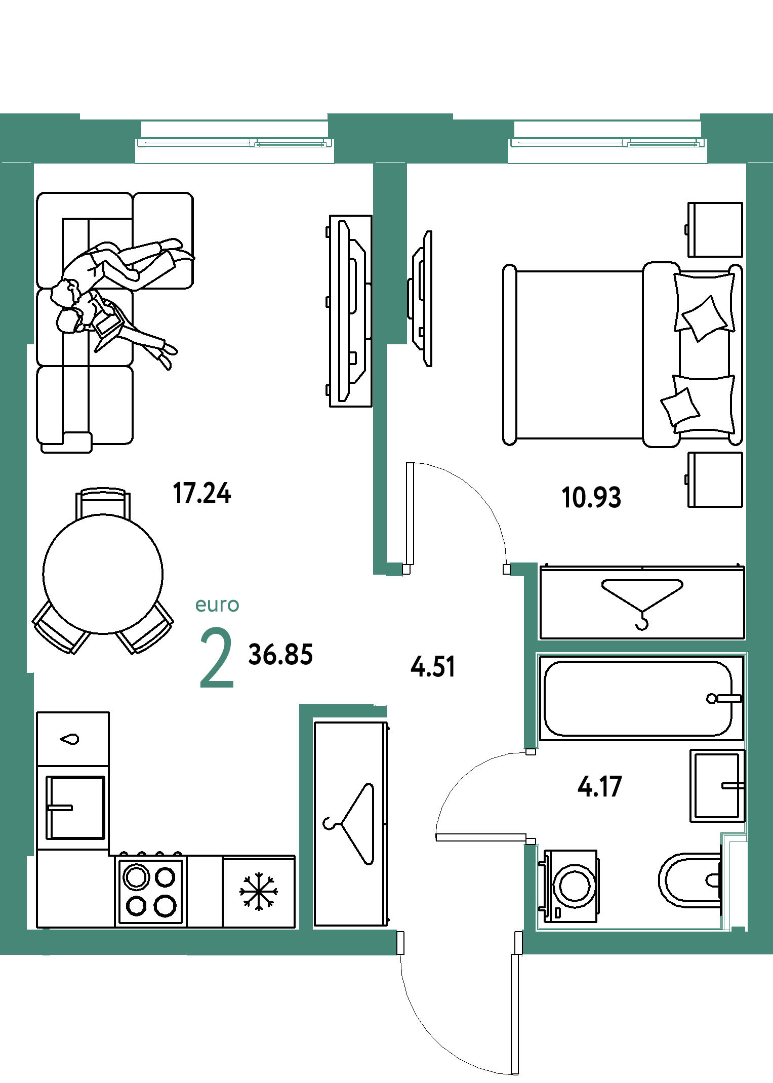 Планировка: Евродвушка 36,85 м² в ЖК «Европейский берег 2.0»