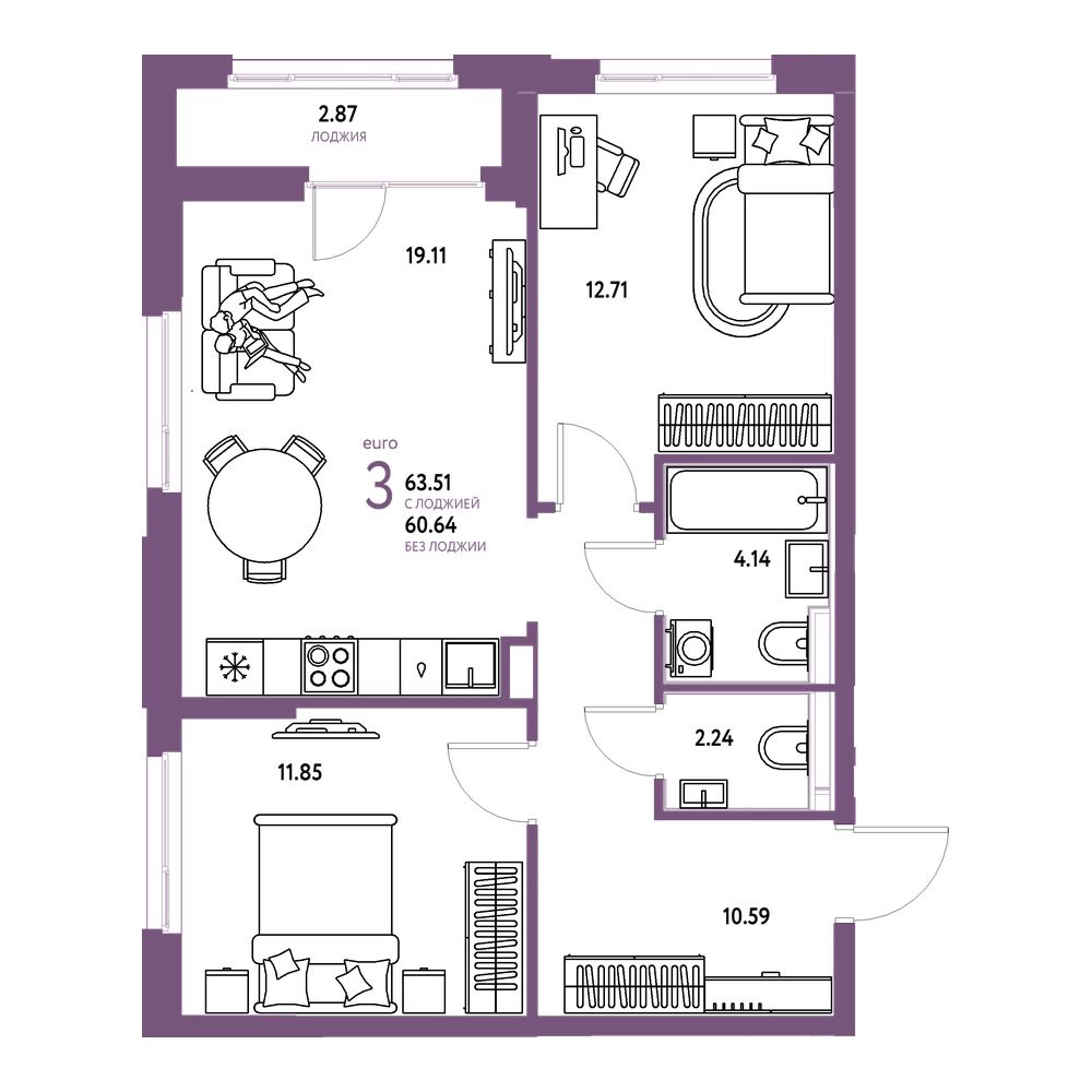 Планировка: Евротрёшка 64,22 м²