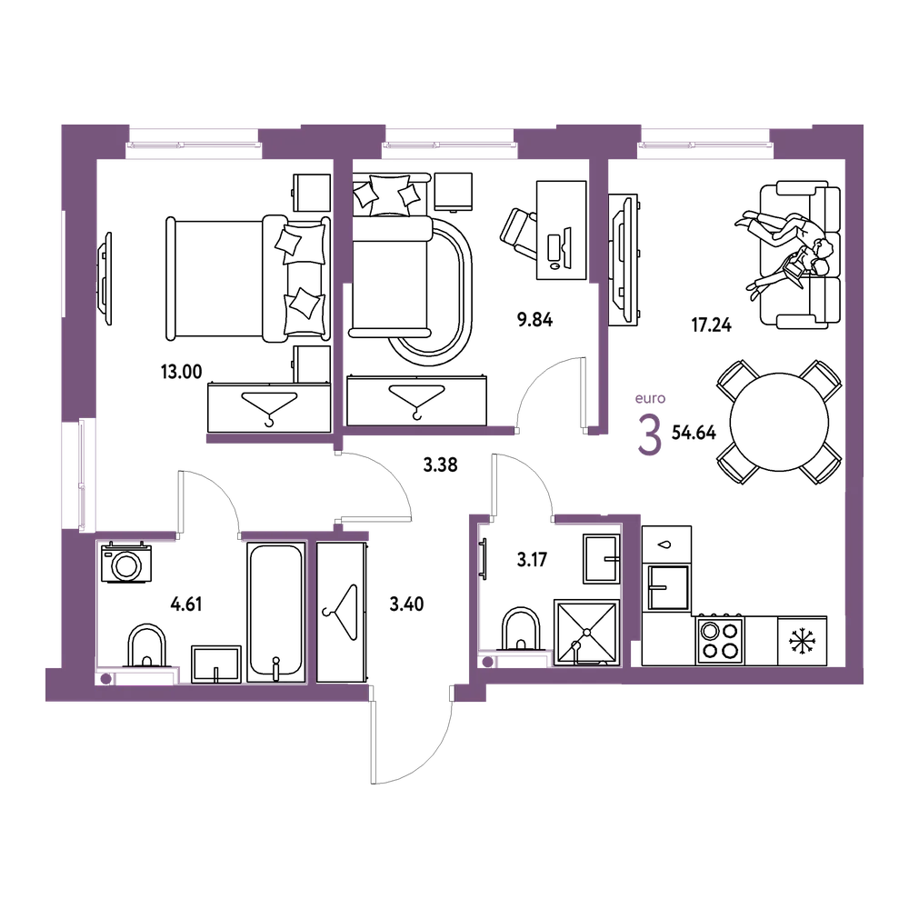 Планировка: Евротрёшка 54,64 м²