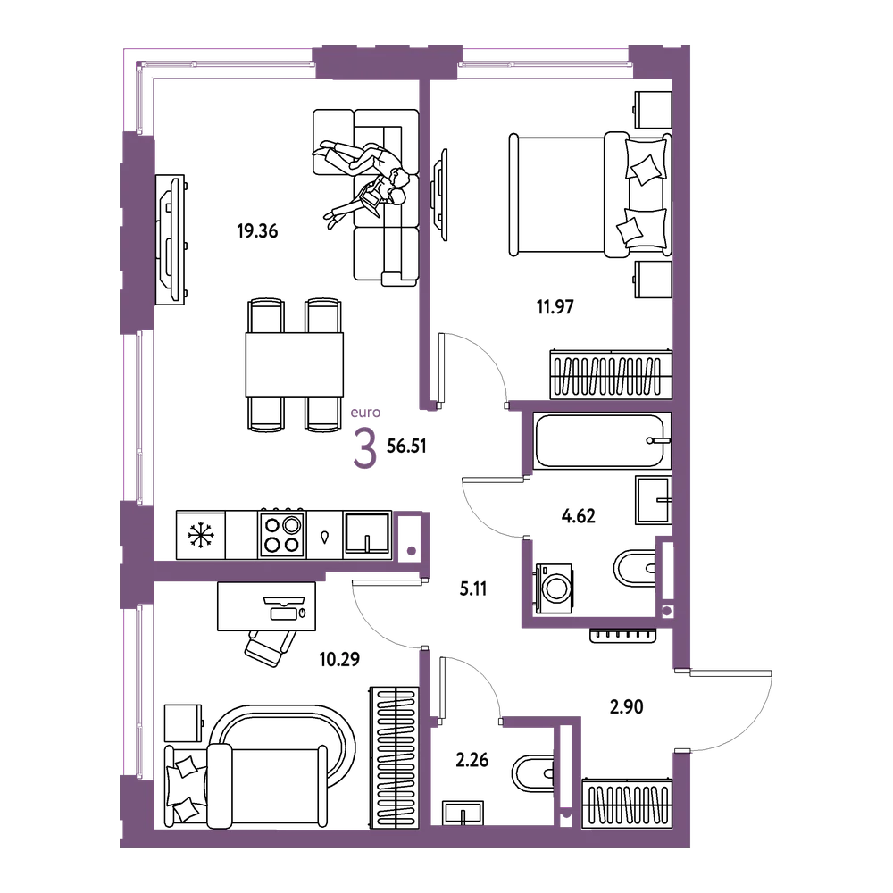 Планировка: Евротрёшка 56,51 м²