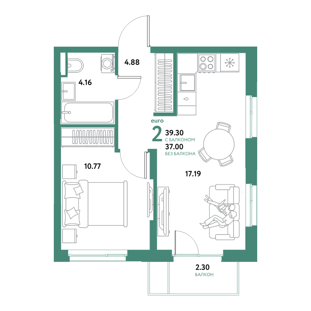 Планировка: Евродвушка 39,3 м²