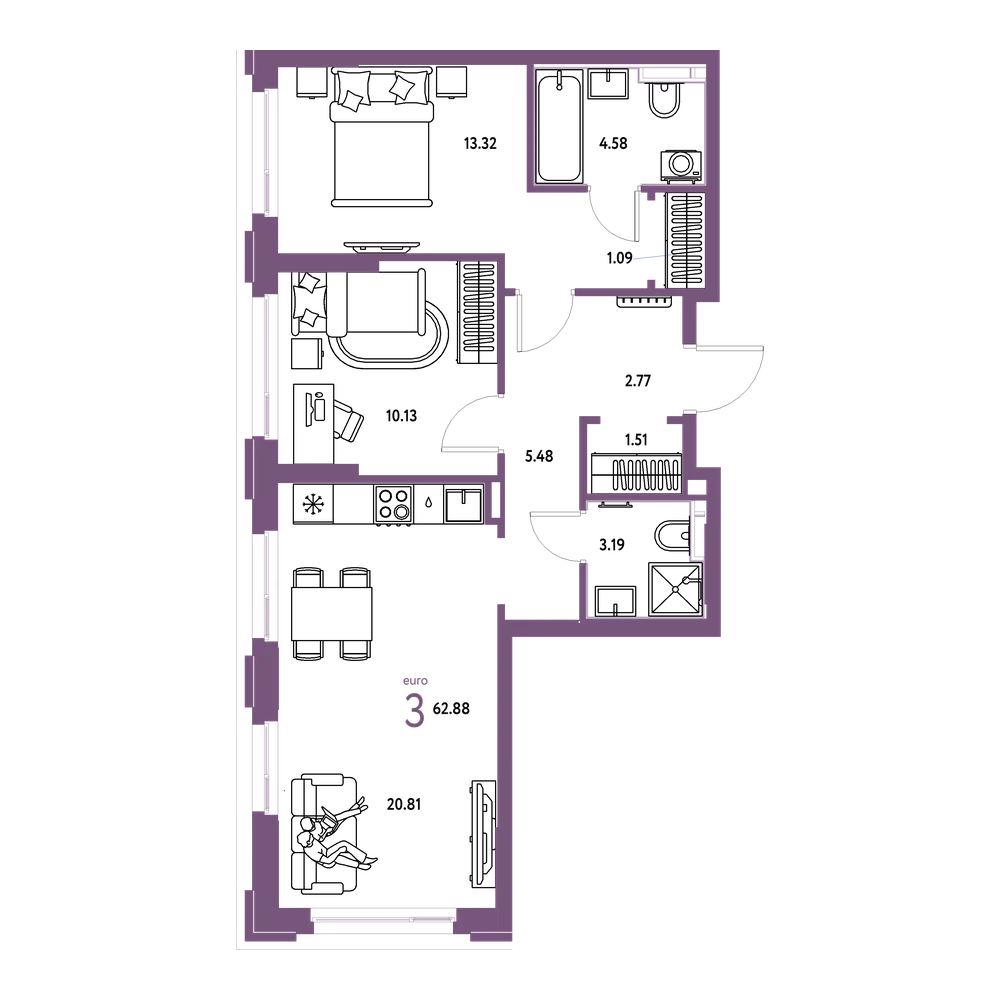 Планировка: Евротрёшка 62,88 м²