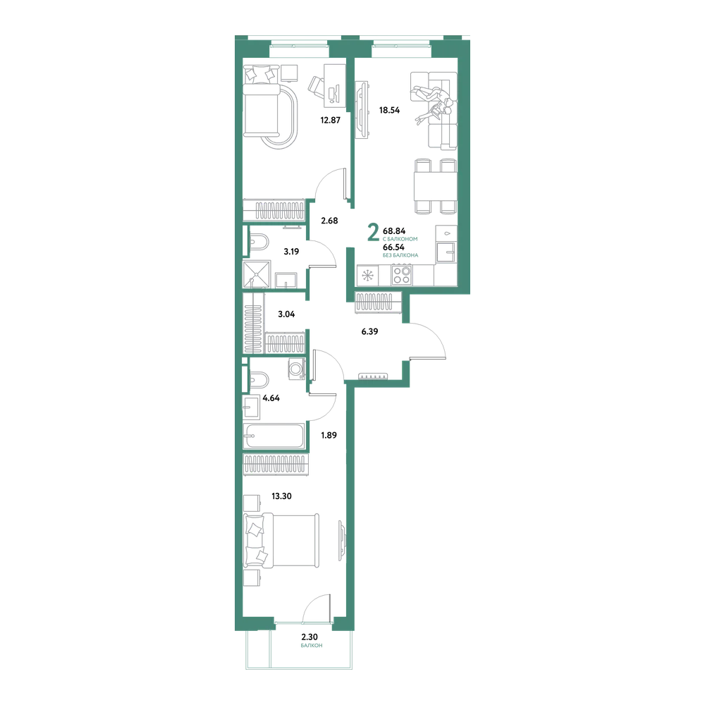 Планировка: Евродвушка 68,84 м²
