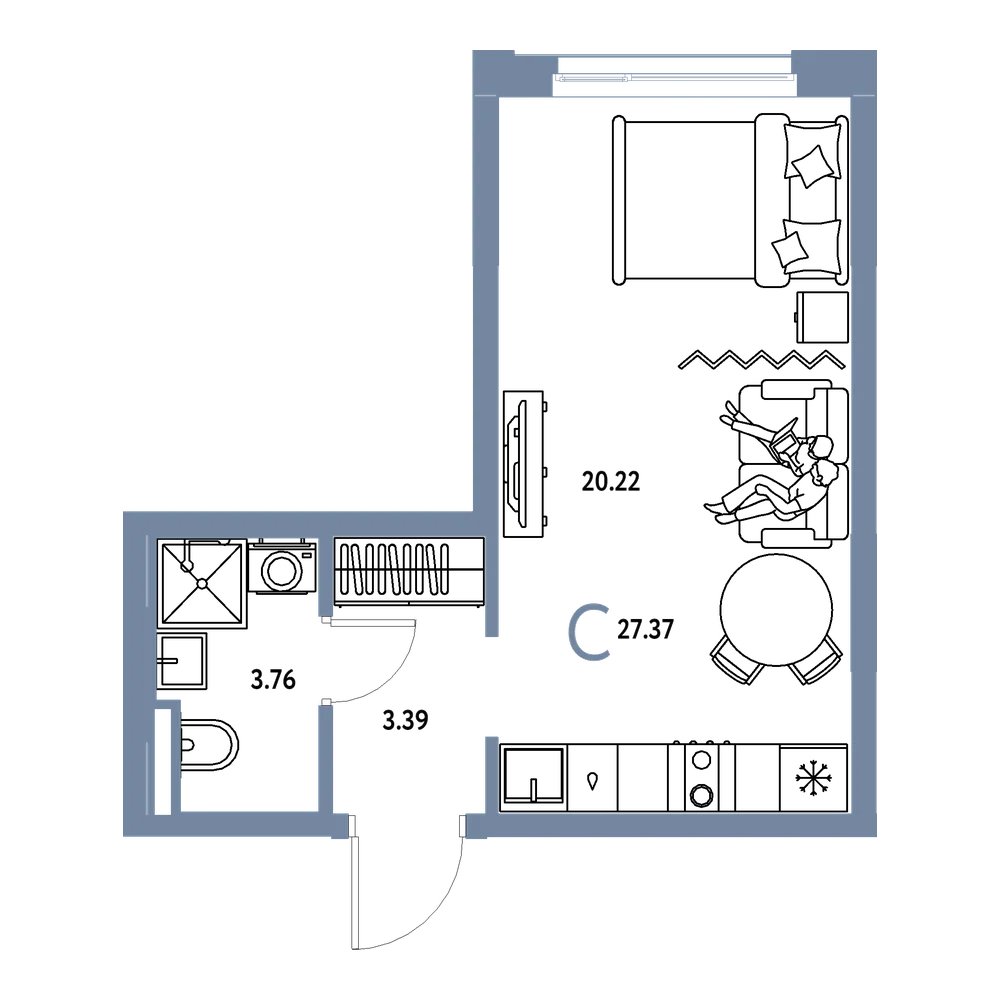 Планировка: Студия 27,37 м²