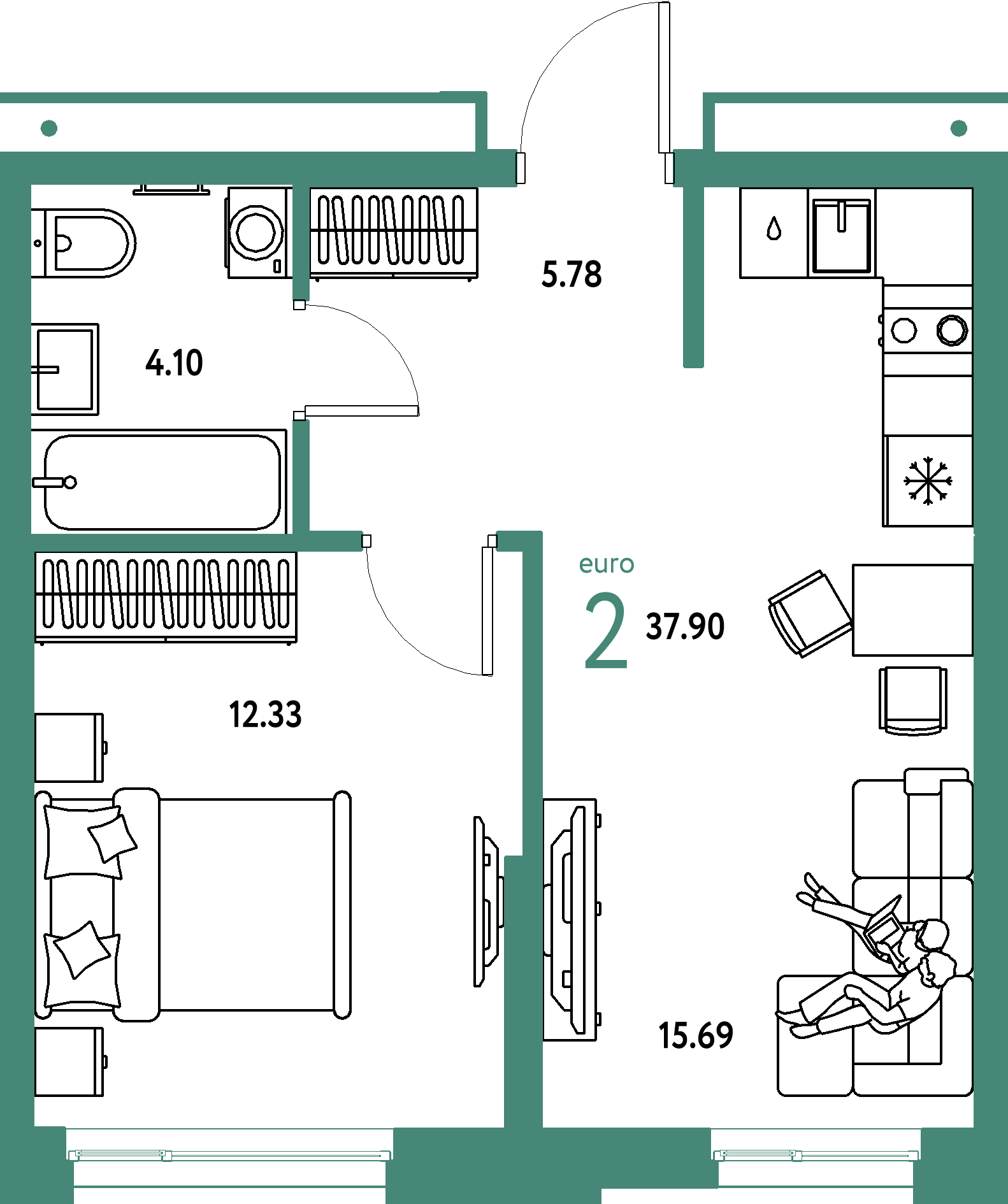 Планировка: Евродвушка 37,9 м² в ЖК «Домашний»