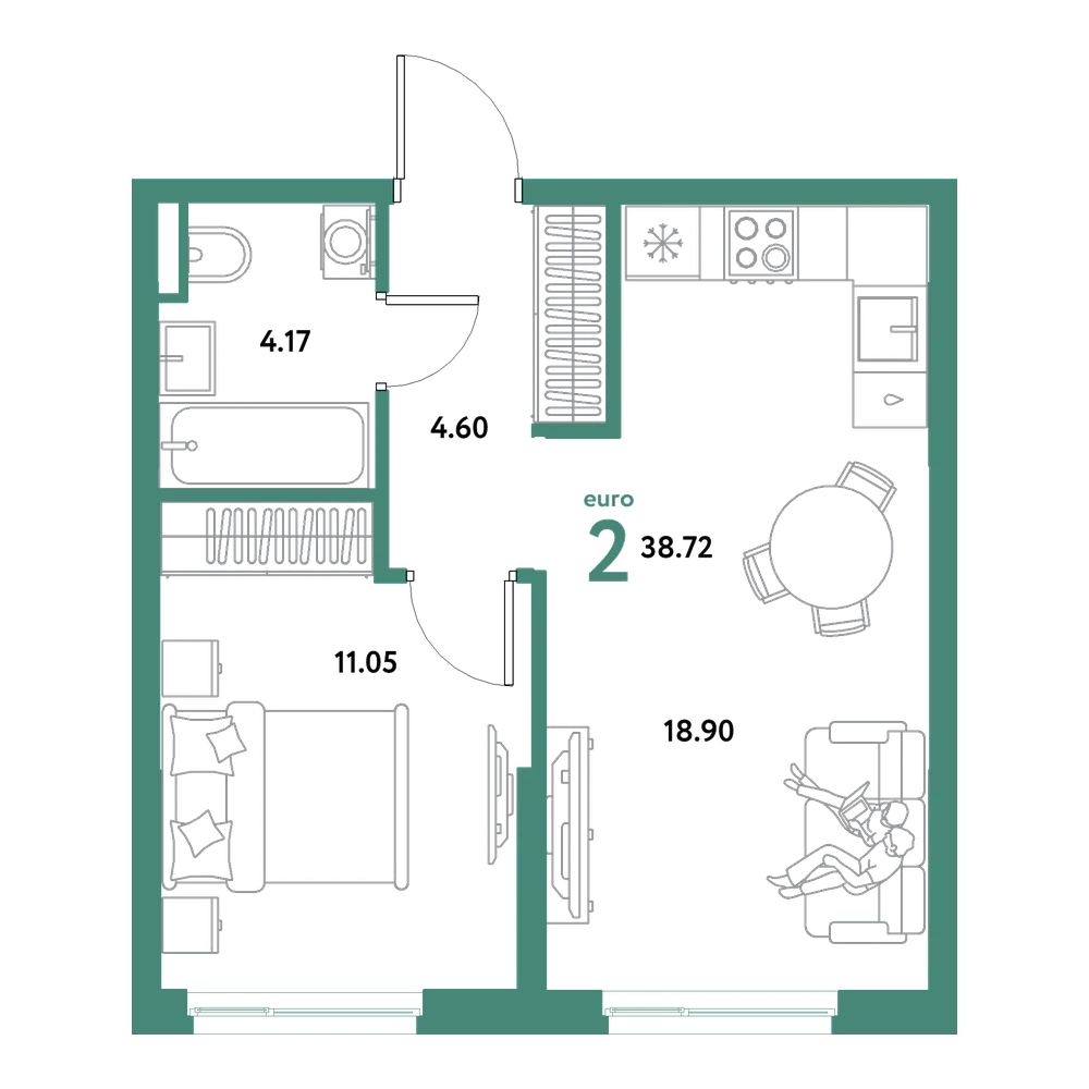 Планировка: Евродвушка 38,72 м²