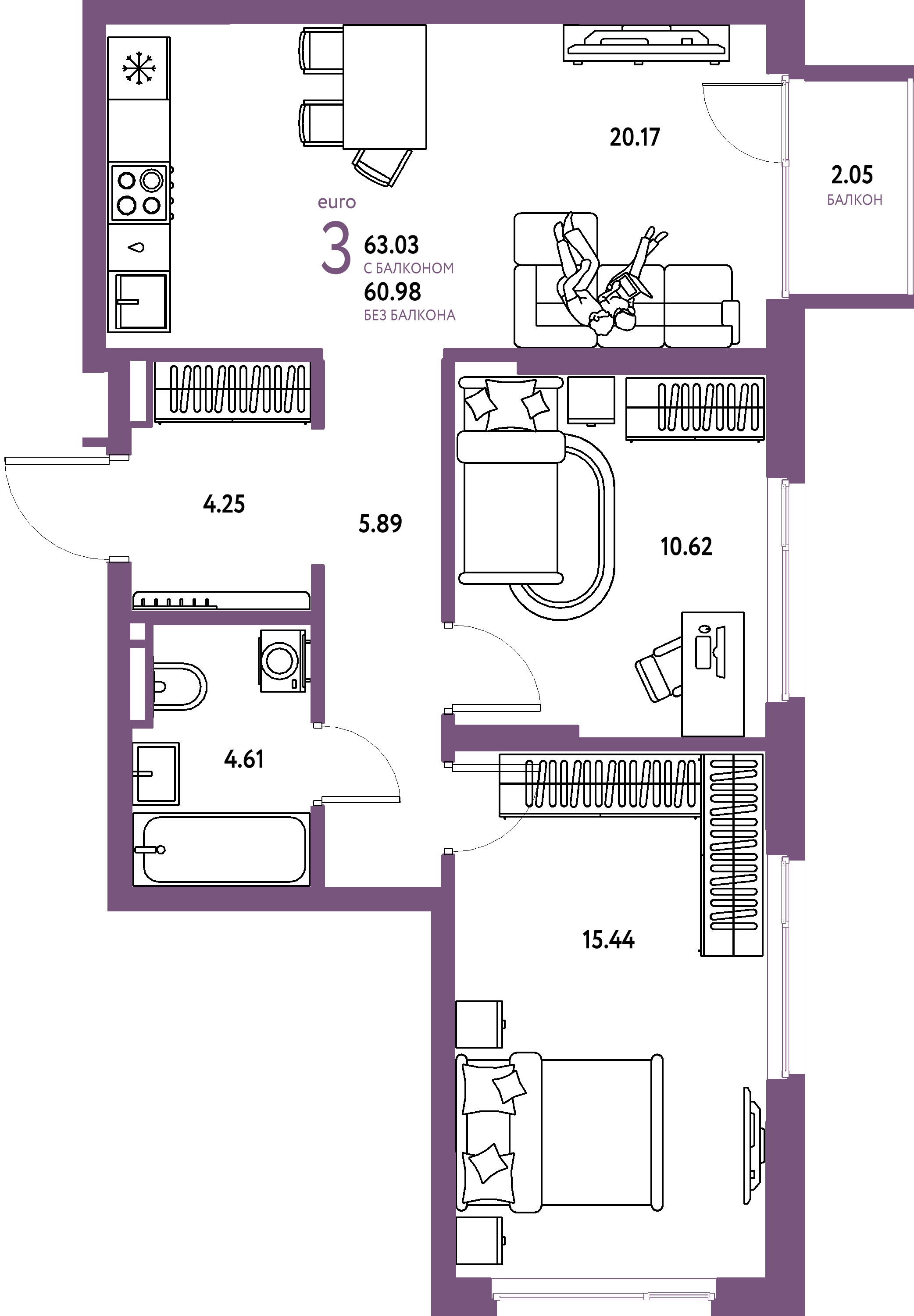 Планировка: Евротрёшка 63,03 м² в ЖК «Страна.Прибрежная»